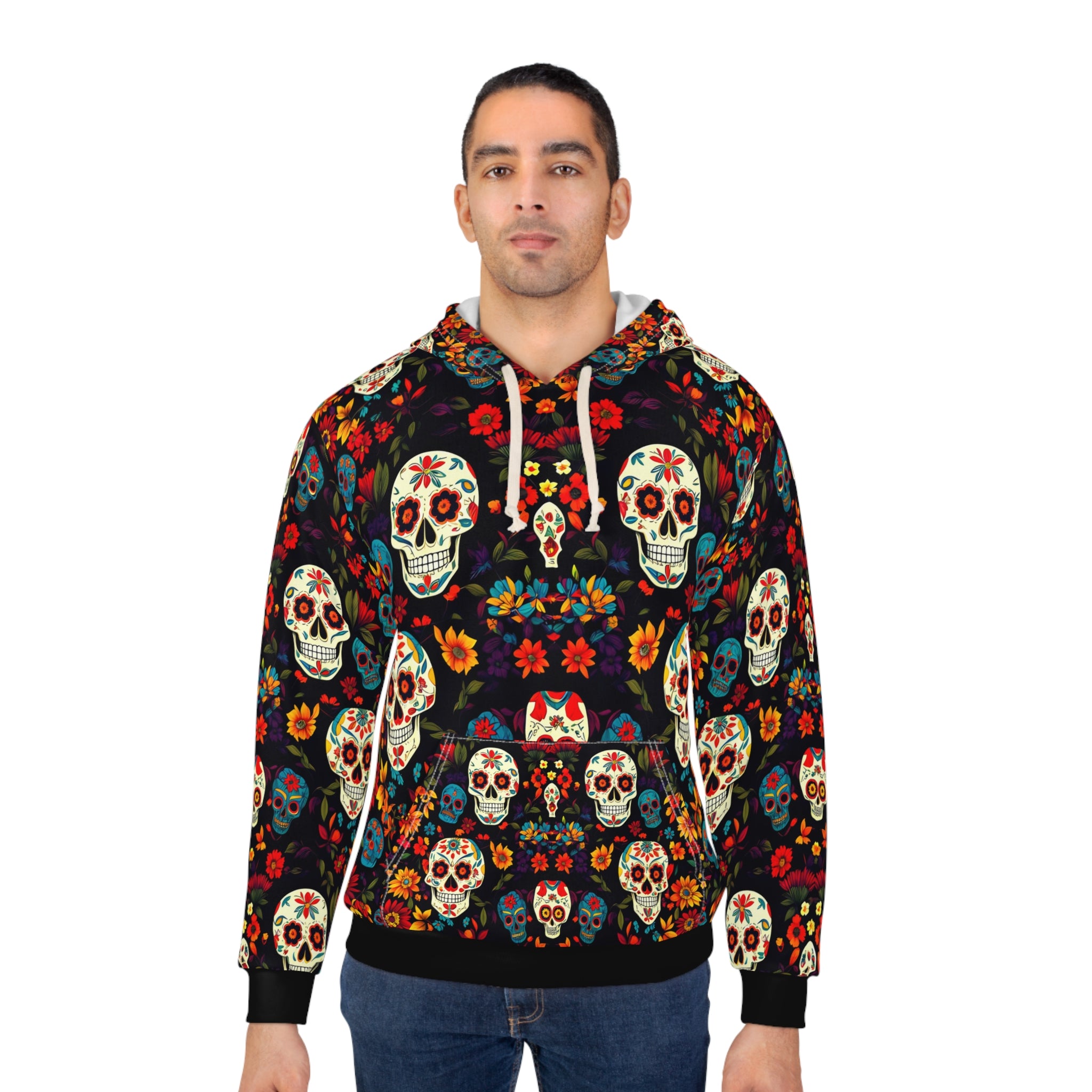 Day of the Dead Floral Skull Hoodie - Unisex Pullover Sweater for Celebration - Angel Body