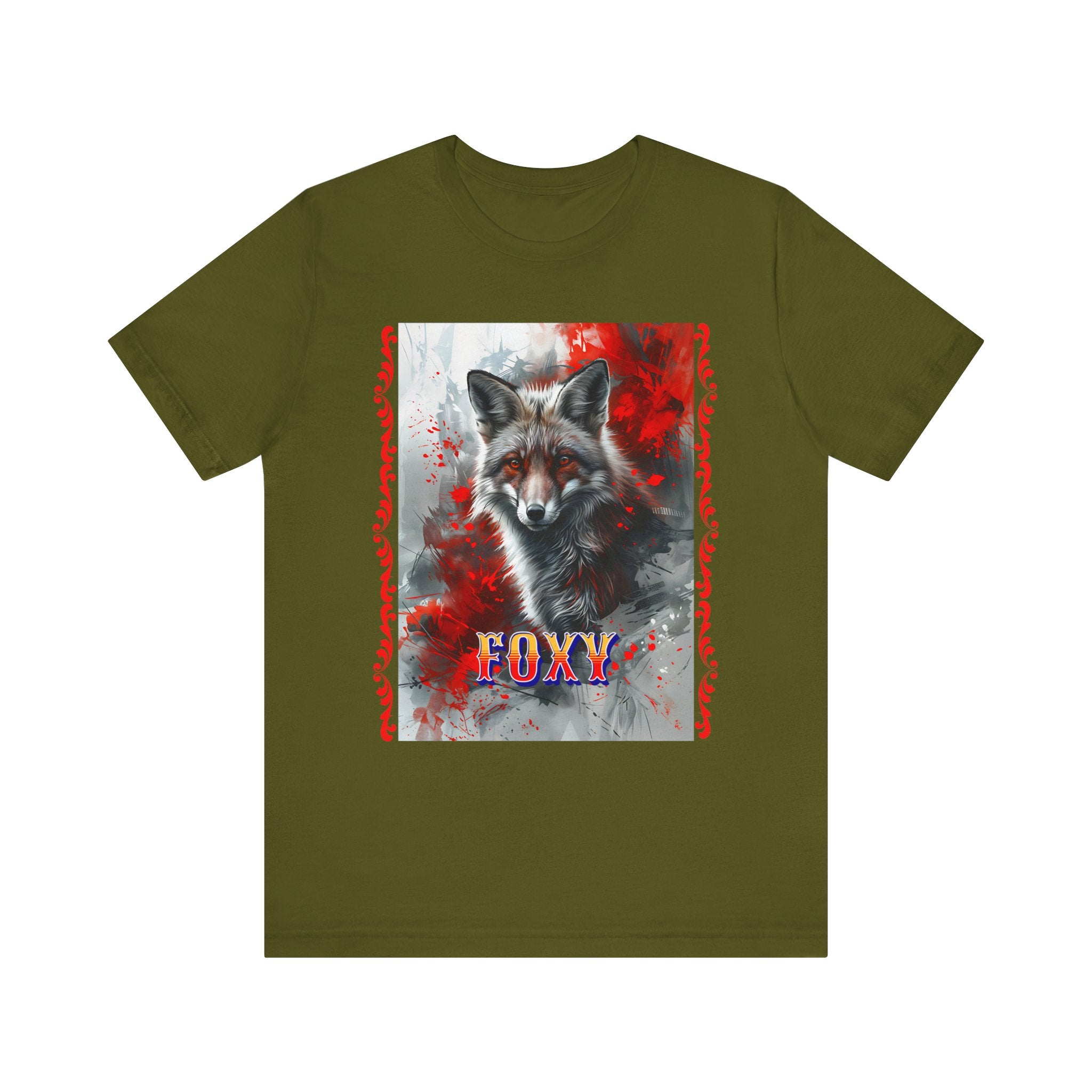 Unisex Jersey Short Sleeve Tee: A lovely painting design of a Red Fox with the word FOXY - Angel Body