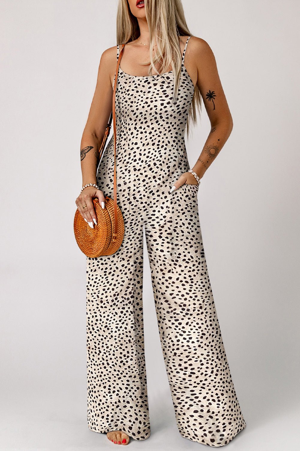 Printed Spaghetti Strap Jumpsuit with Pockets - Angel Body