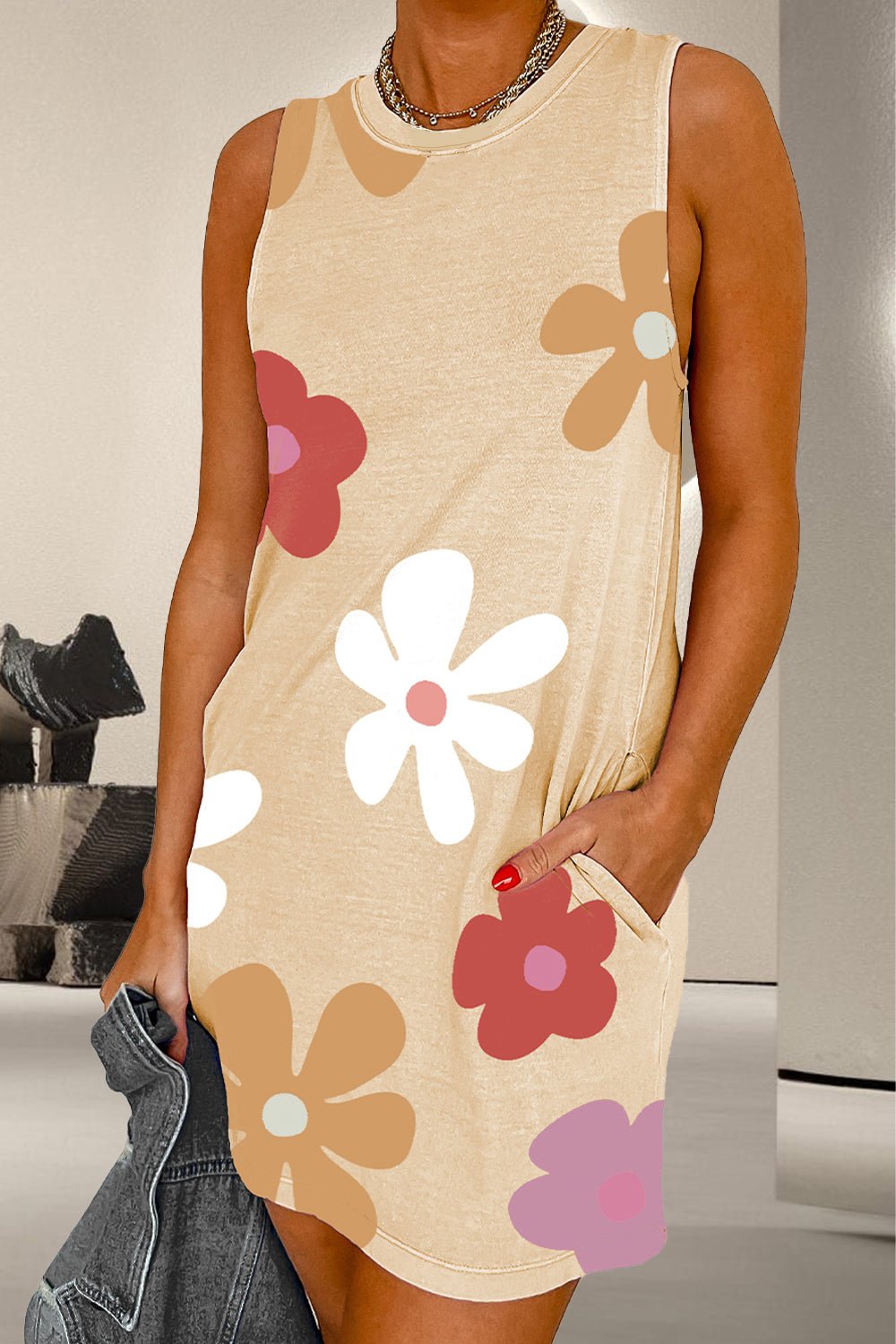 Pocketed Printed Round Neck Tank Dress - Angel Body