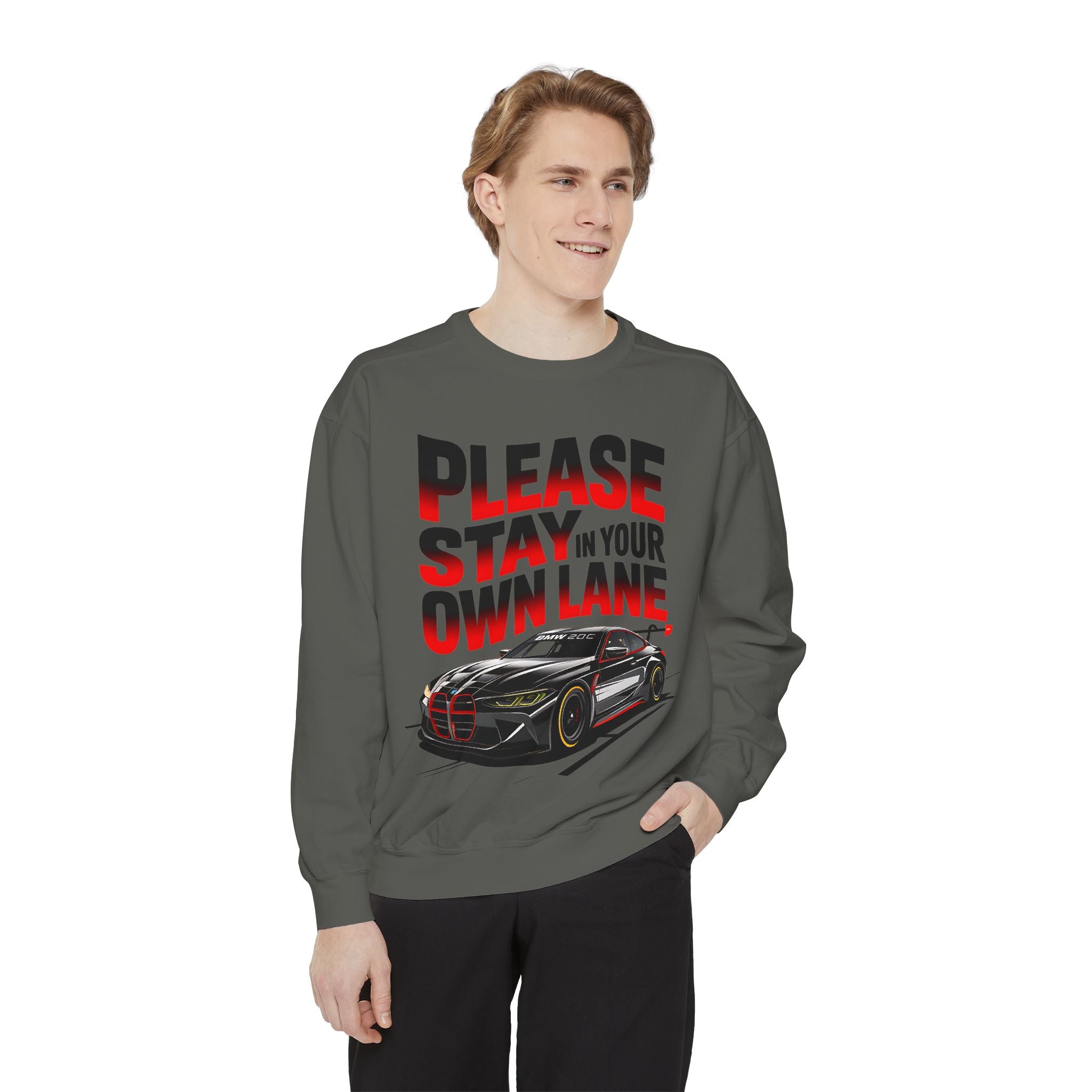 Unisex Garment-Dyed Sweatshirt - 'Please Stay In Your Own Lane' Racing Design - Angel Body