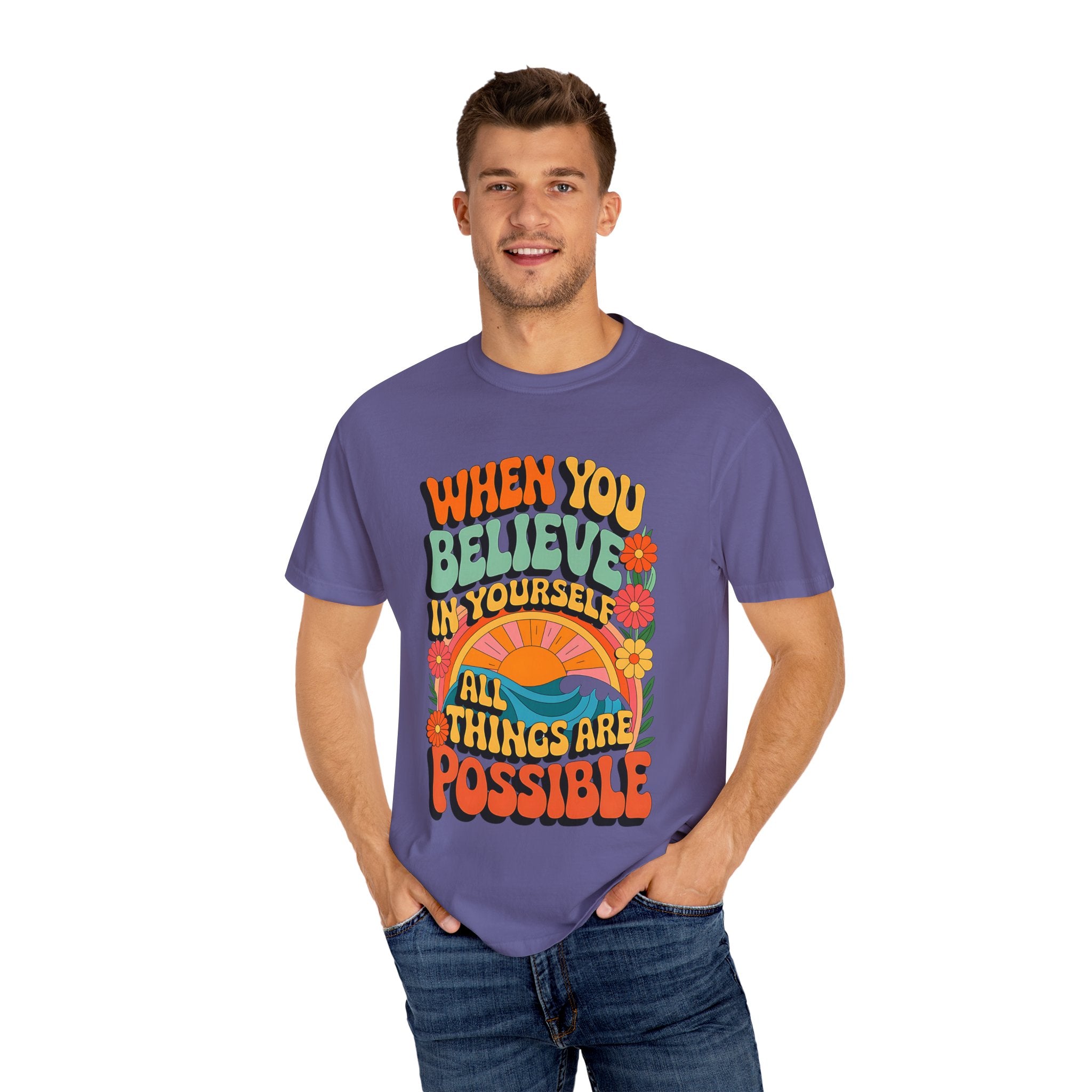 Motivational Unisex Garment-Dyed T-Shirt - 'Believe in Yourself' Design - Angel Body