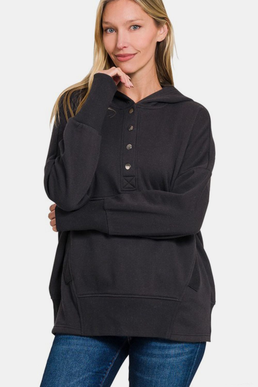 Zenana Half Snap Long Sleeve Hoodie with Kangaroo Pocket - Angel Body