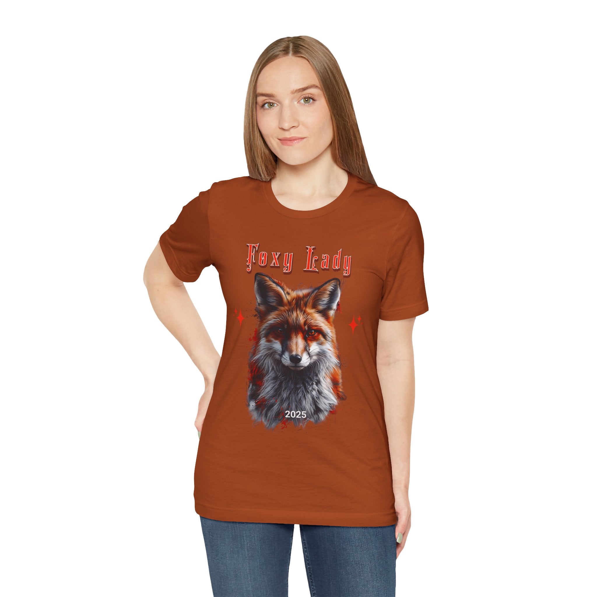 Unisex Jersey Short Sleeve Tee: A beautiful Red Fox with the words foxy lady - Angel Body