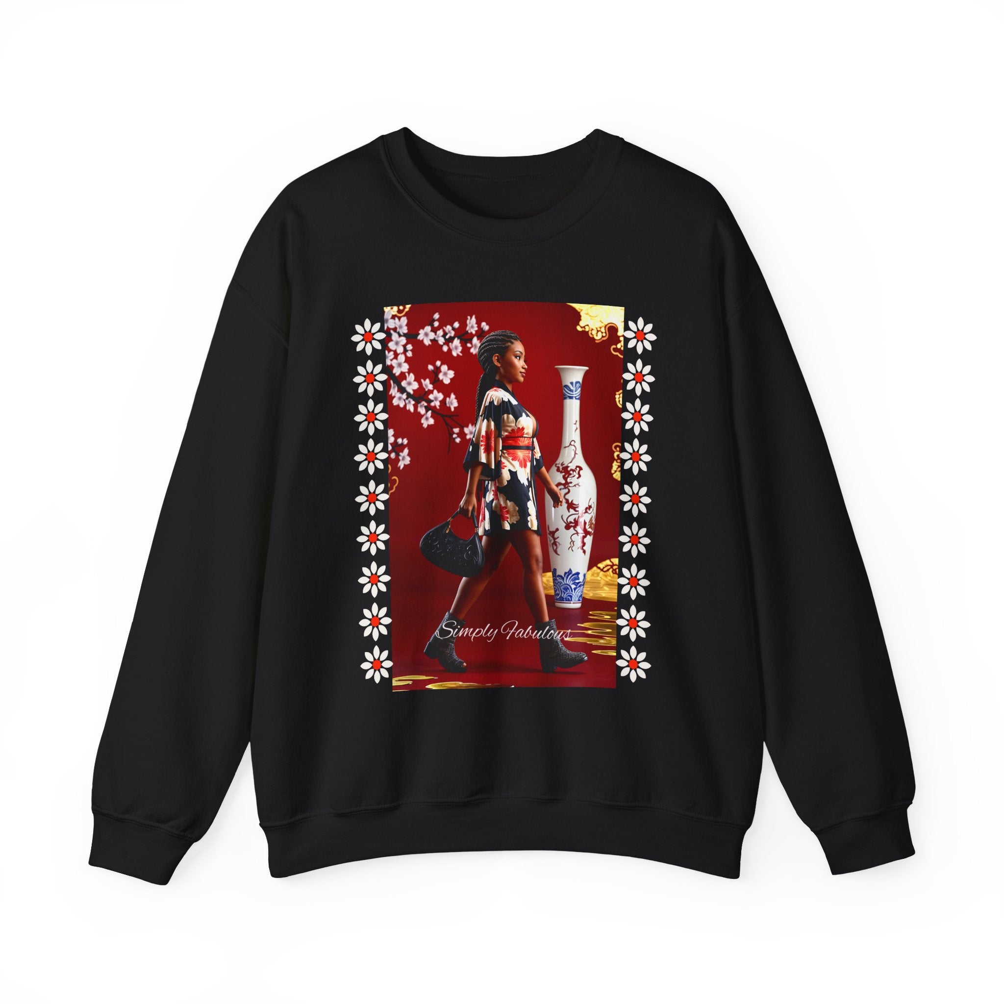 Elegant Asian-Inspired Graphic Crewneck Sweatshirt - Angel Body