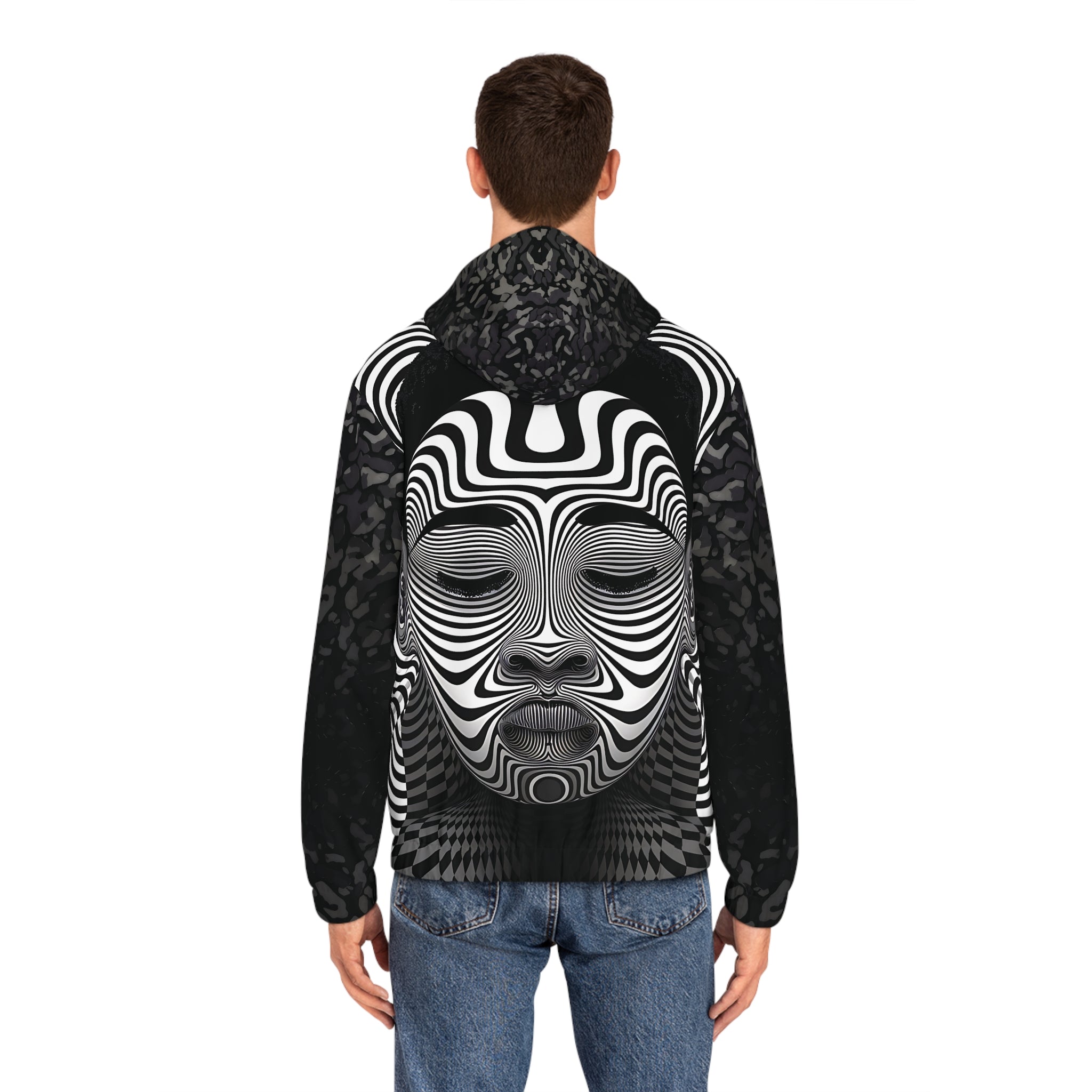 Men's Hypnotic Face Art Full-Zip Hoodie for Creative Souls - Angel Body