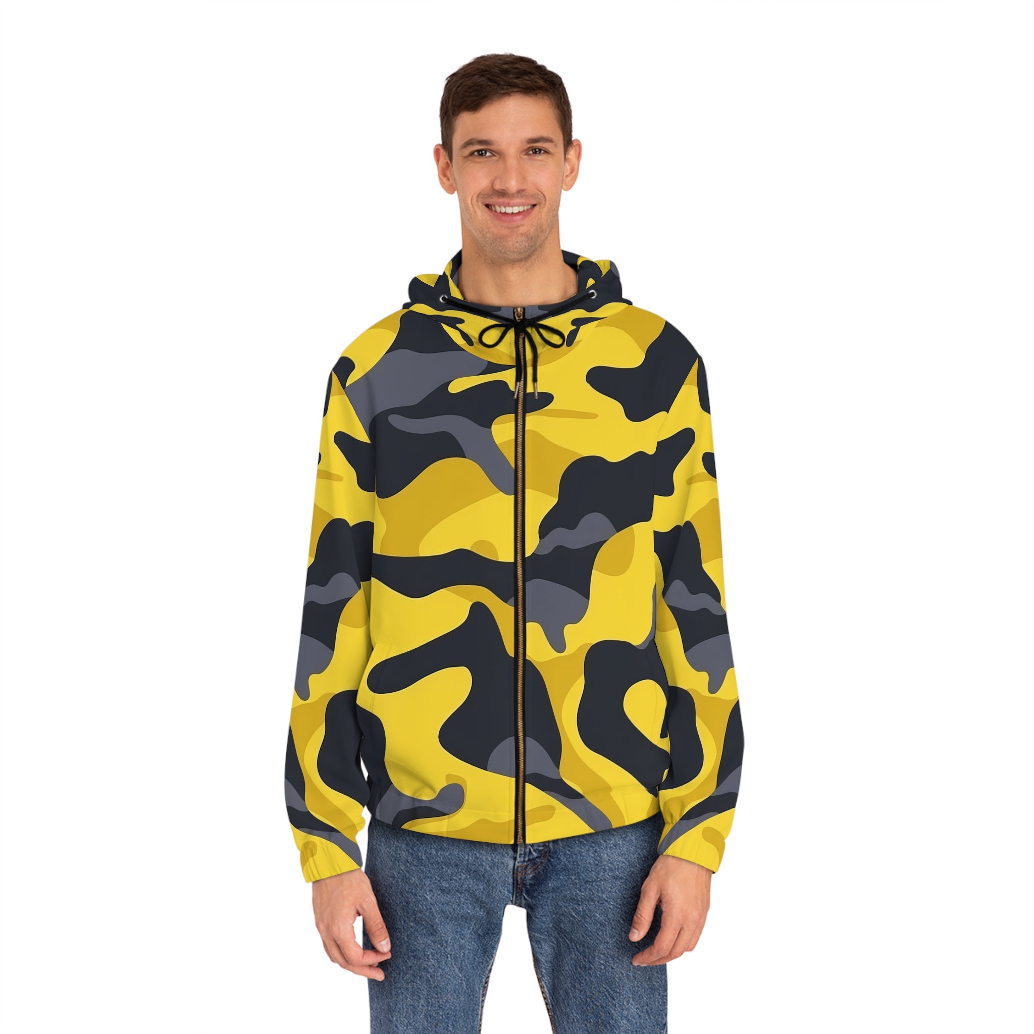 Men's Full-Zip Camo Hoodie - Bold Yellow Camo Design for Outdoor Adventures - Angel Body