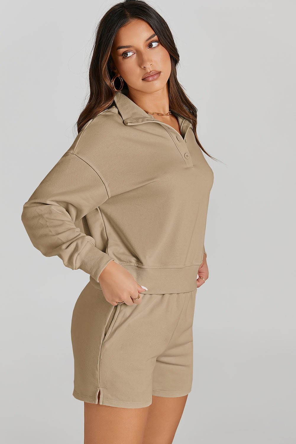 Half Button Sweatshirt and Shorts Active Set - Angel Body