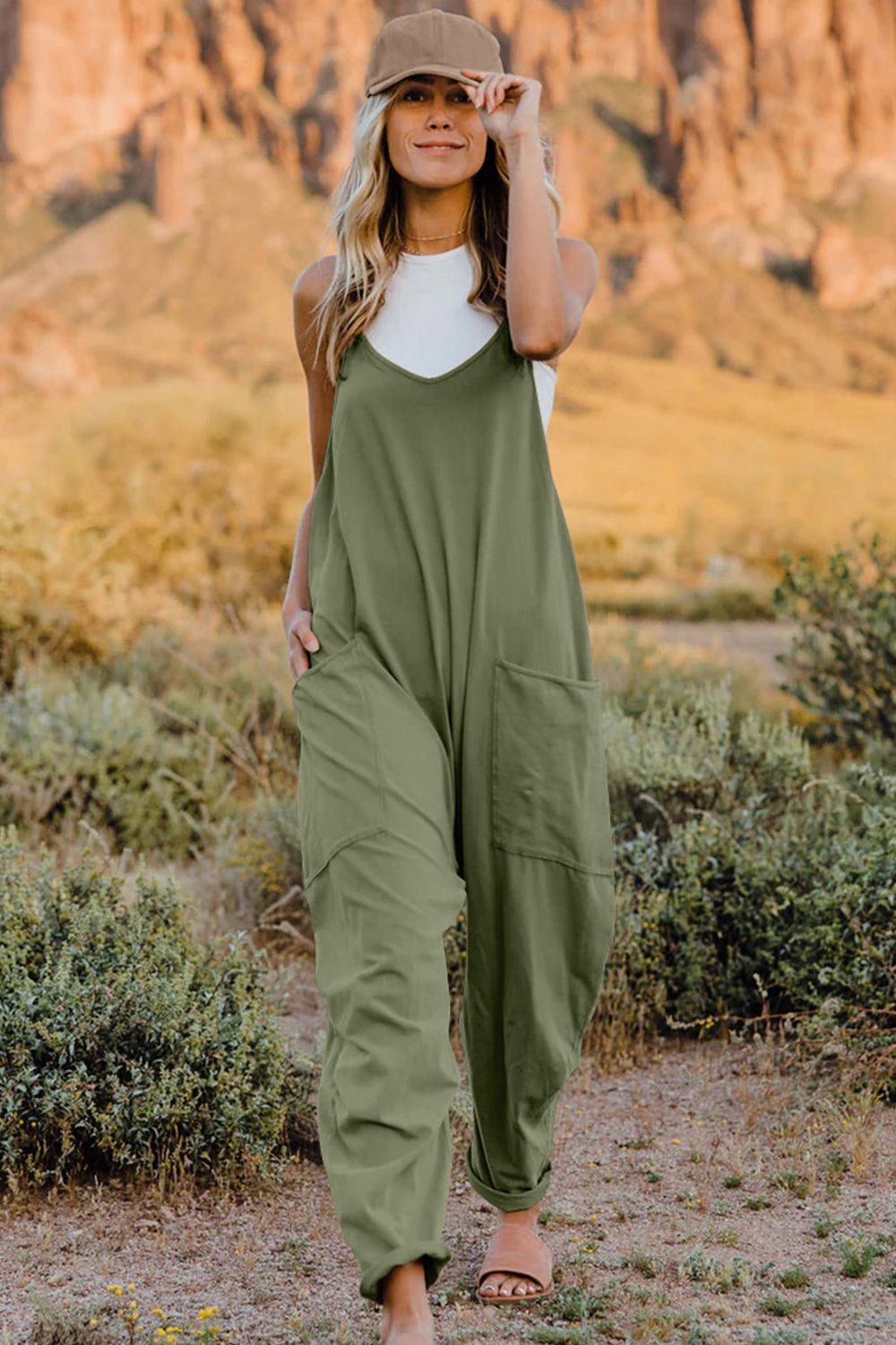 Double Take Full Size V - Neck Sleeveless Jumpsuit with Pockets - Angel Body