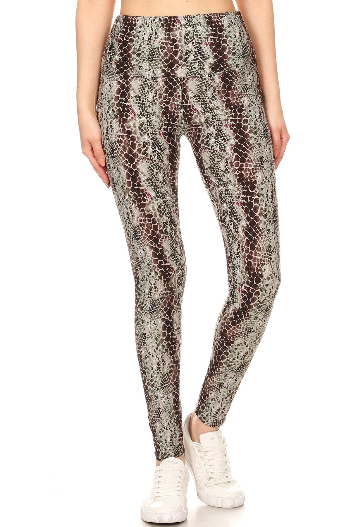 Yoga Style Banded Lined Snakeskin Printed Knit Legging With High Waist. - Angel Body