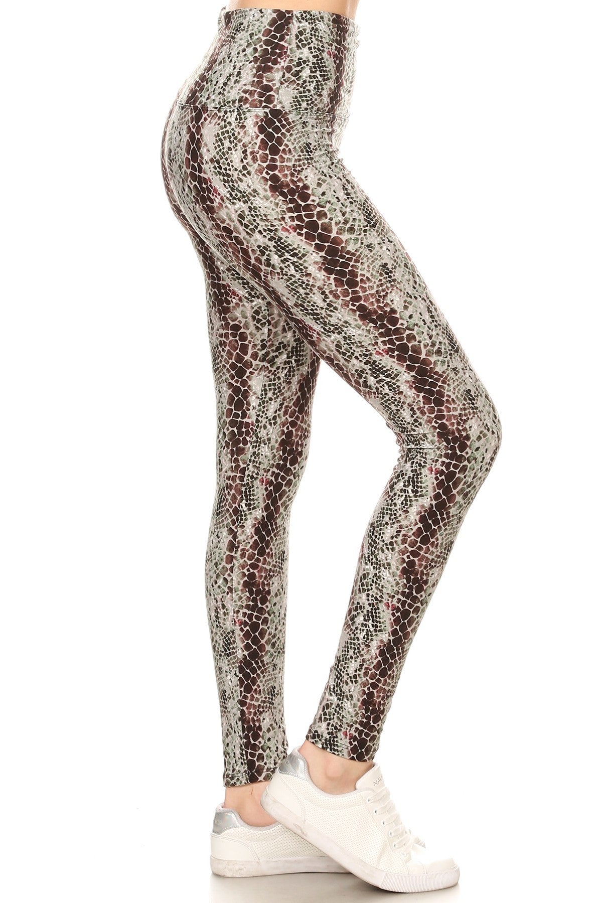 Yoga Style Banded Lined Snakeskin Printed Knit Legging With High Waist. - Angel Body