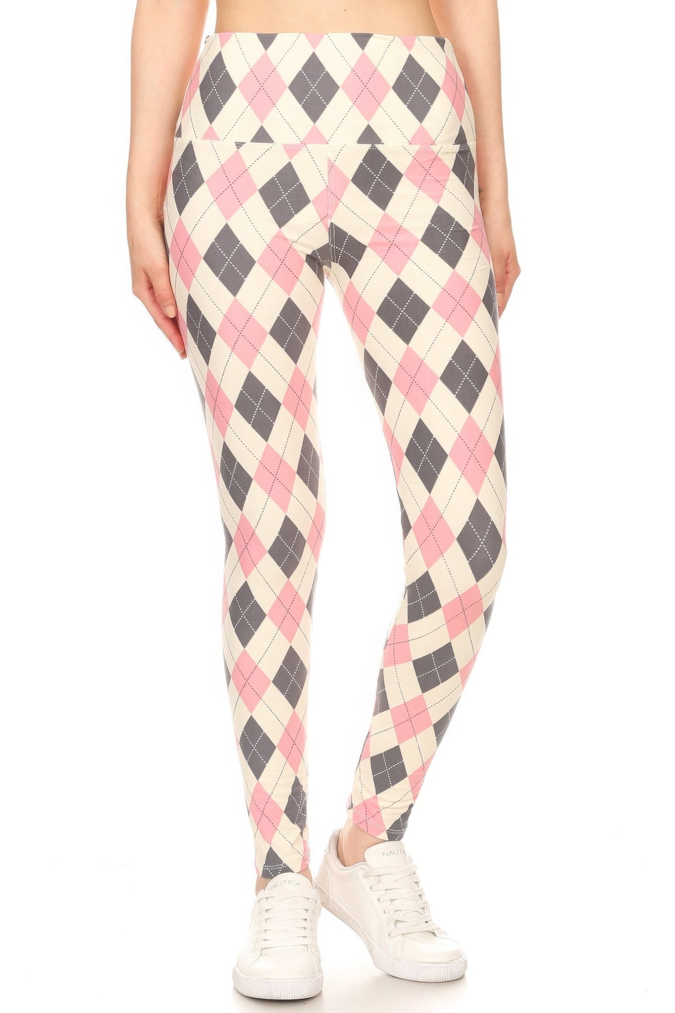 5-inch Long Yoga Style Banded Lined Argyle Printed Knit Legging With High Waist - Angel Body