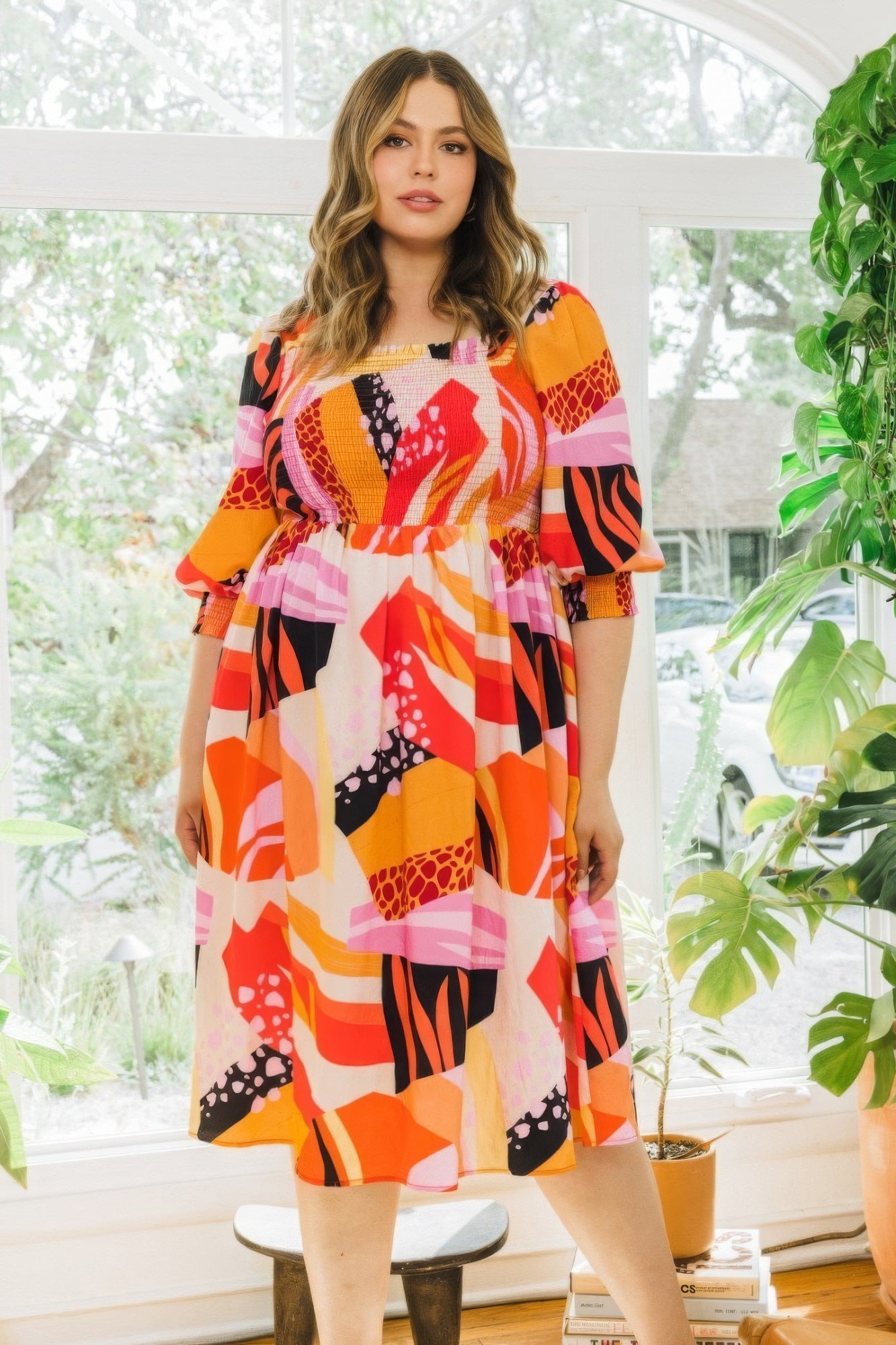 Plus Floral Print Square Neckline Midi Dress Fashion - Angel Body