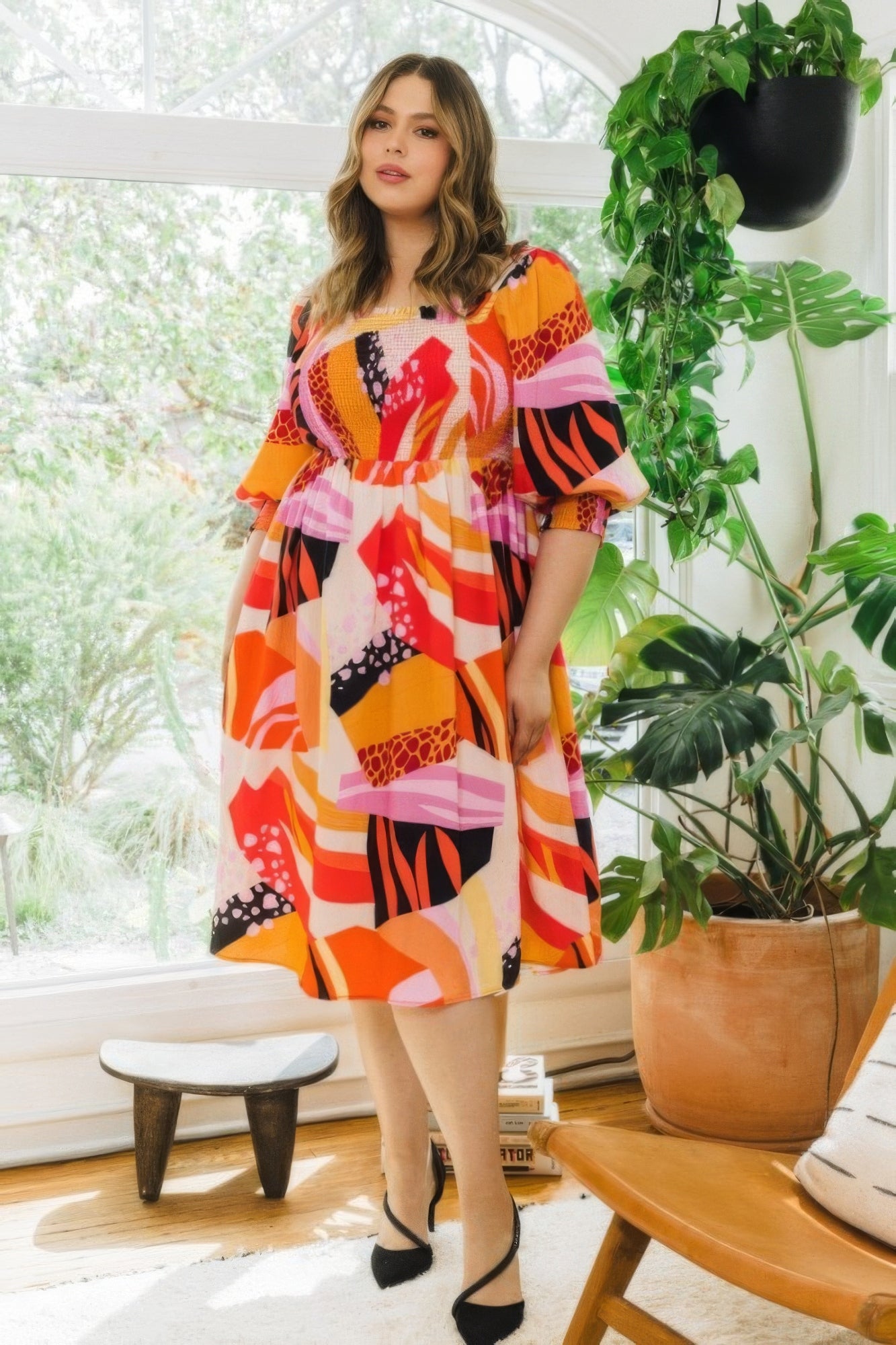 Plus Floral Print Square Neckline Midi Dress Fashion - Angel Body