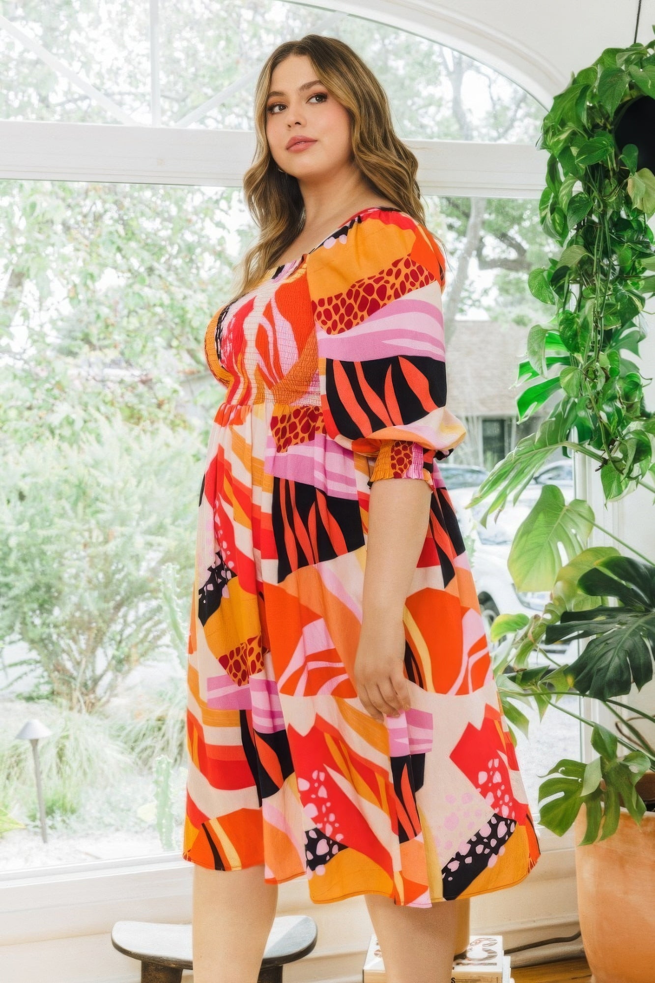 Plus Floral Print Square Neckline Midi Dress Fashion - Angel Body