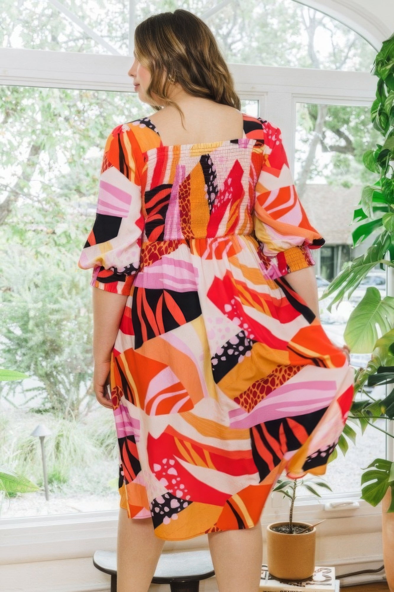 Plus Floral Print Square Neckline Midi Dress Fashion - Angel Body
