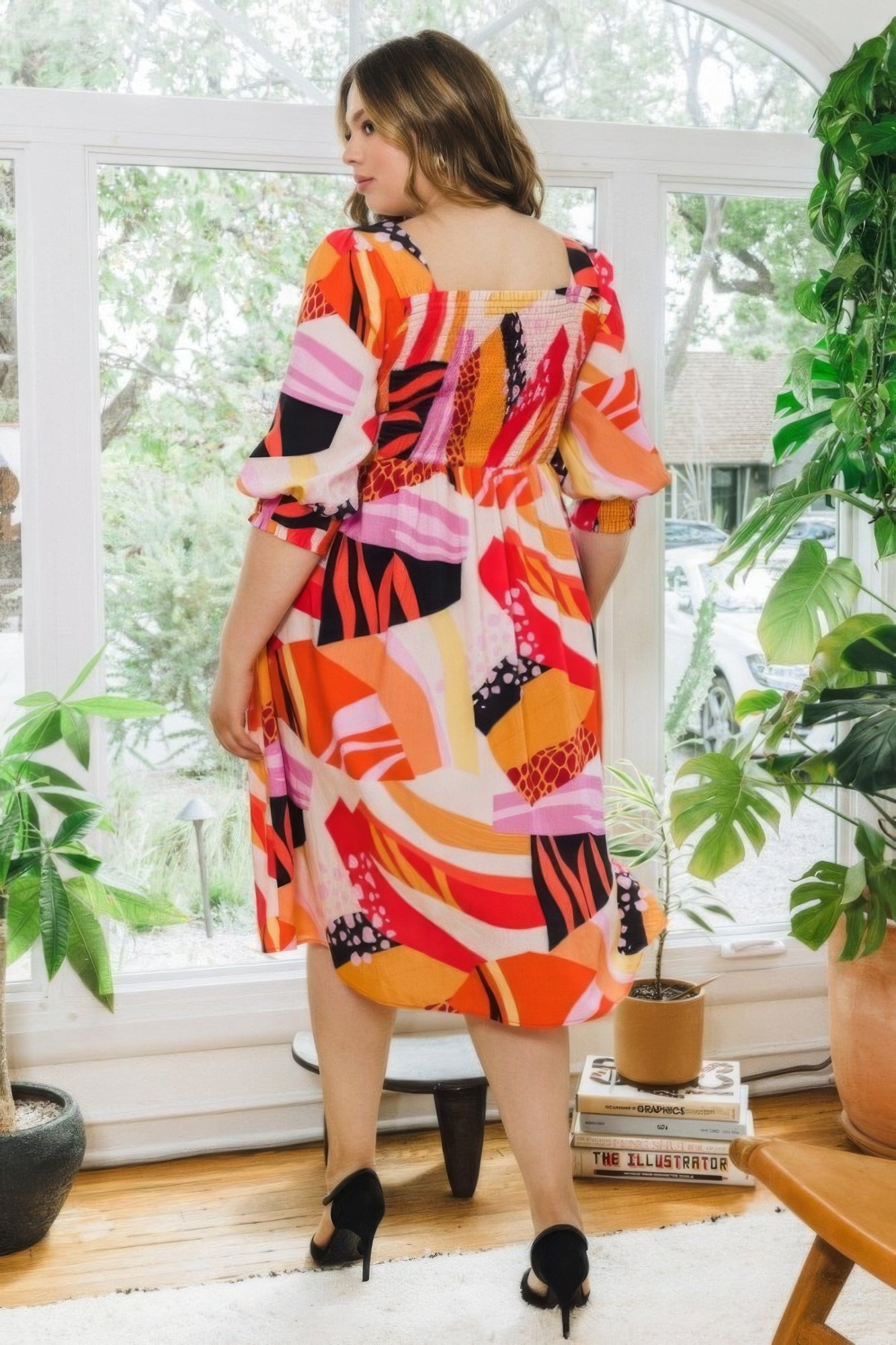 Plus Floral Print Square Neckline Midi Dress Fashion - Angel Body