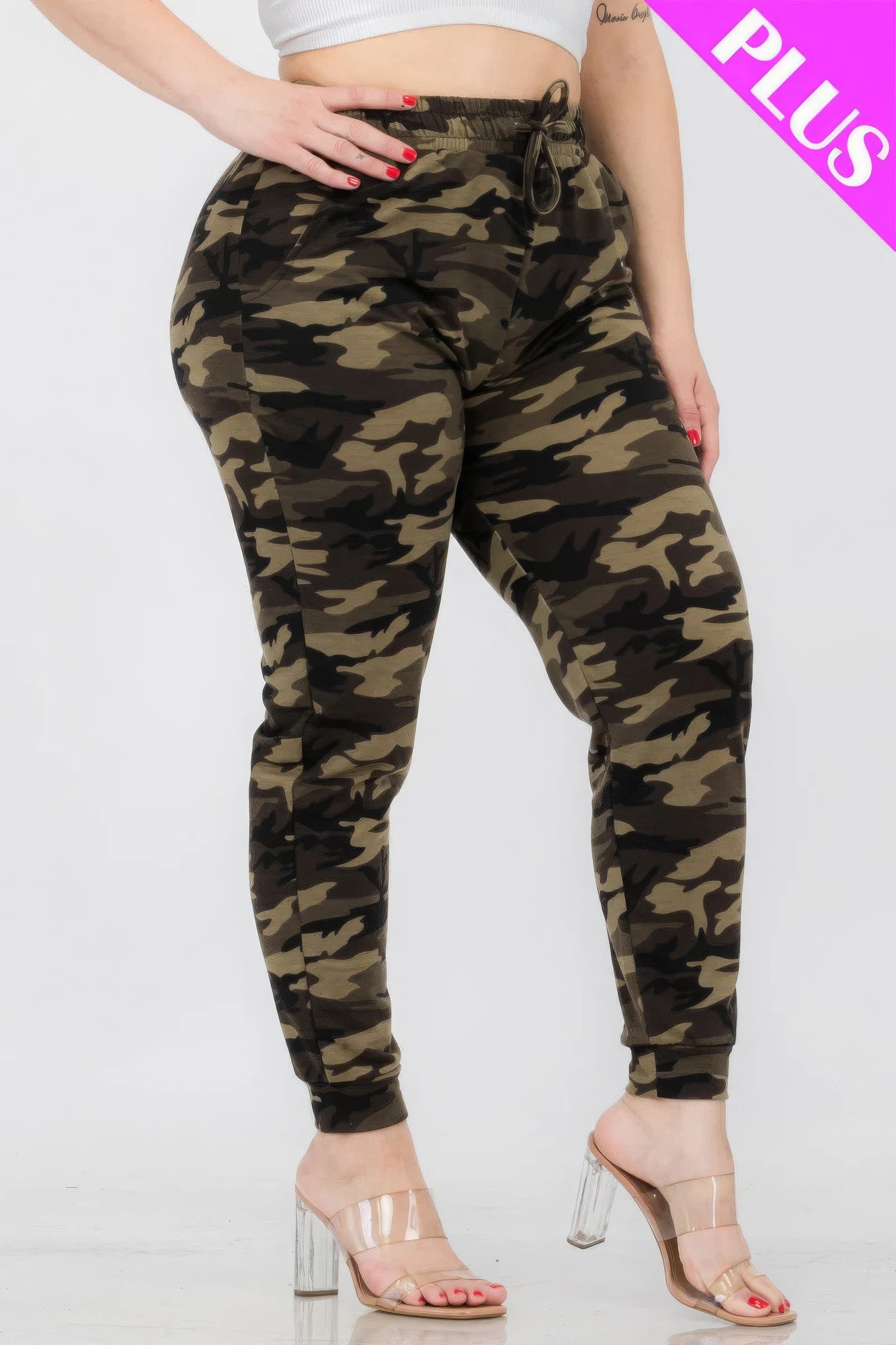 Plus Size French Terry Camo Print Joggers - Angel Body