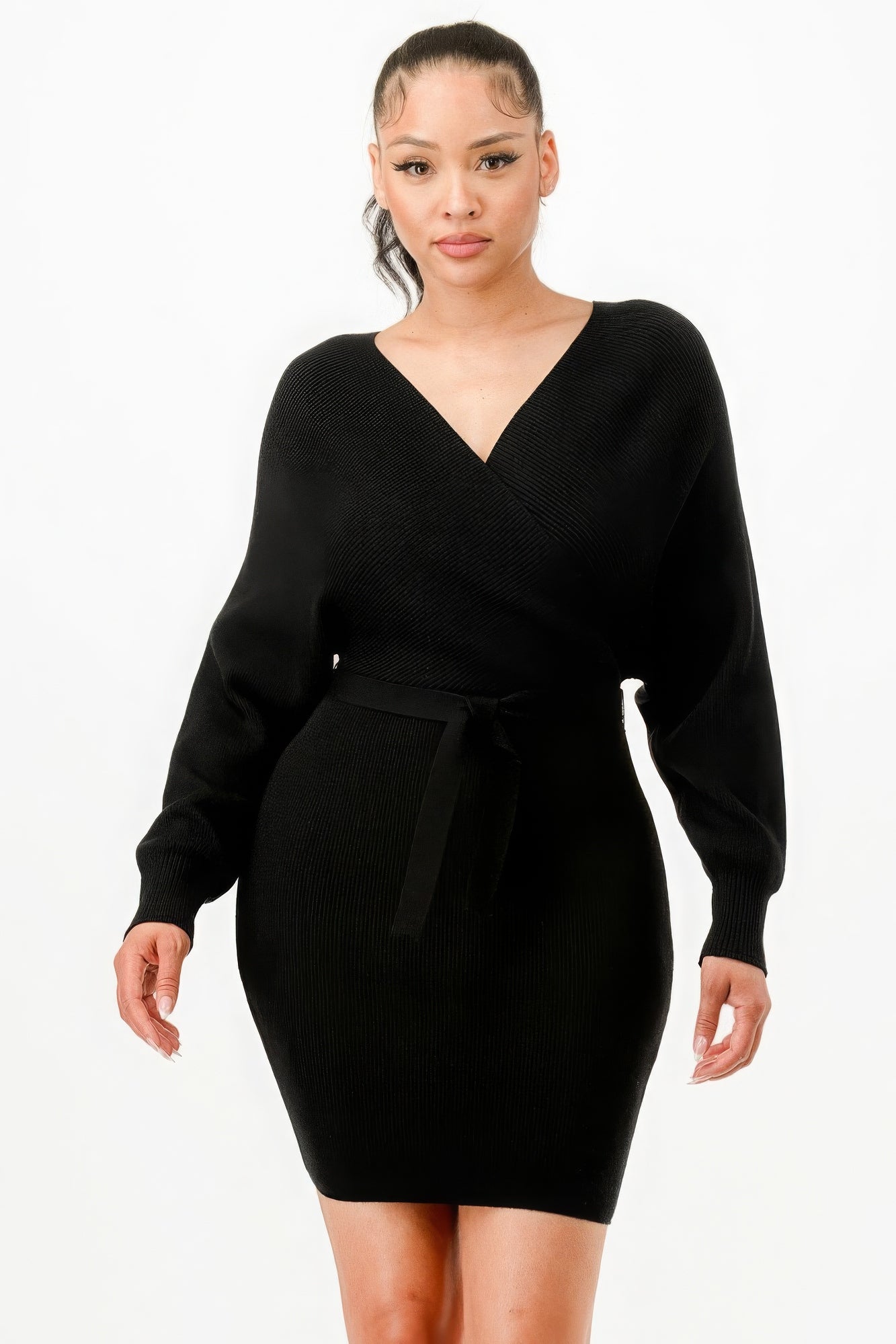 Off Shoulder Wrap Belted Ribbed Sweather Dress - Angel Body