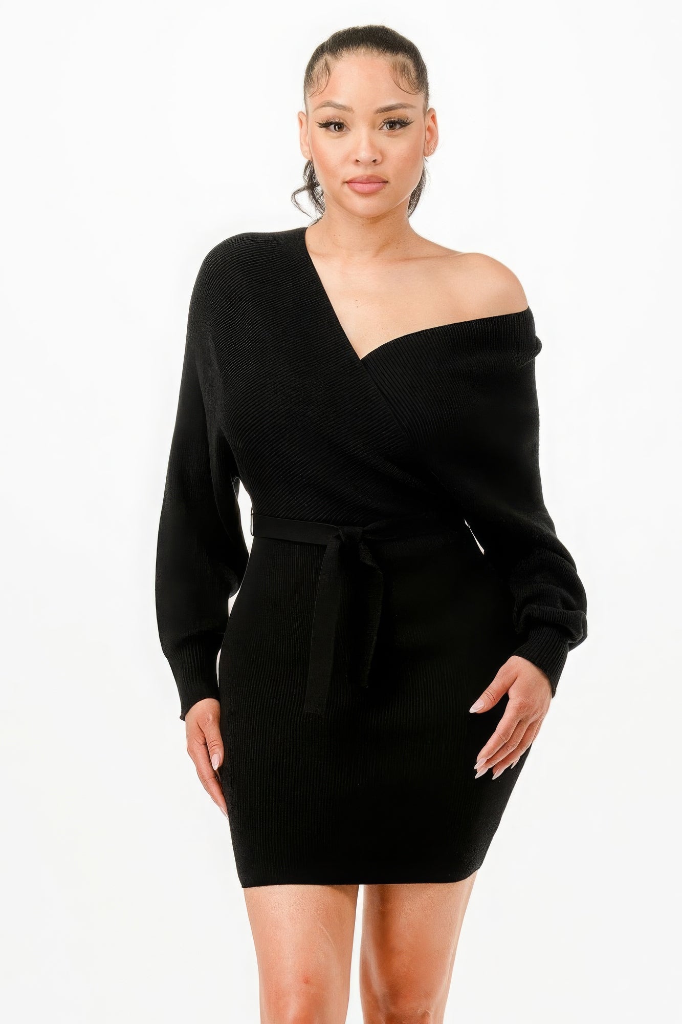 Off Shoulder Wrap Belted Ribbed Sweather Dress - Angel Body