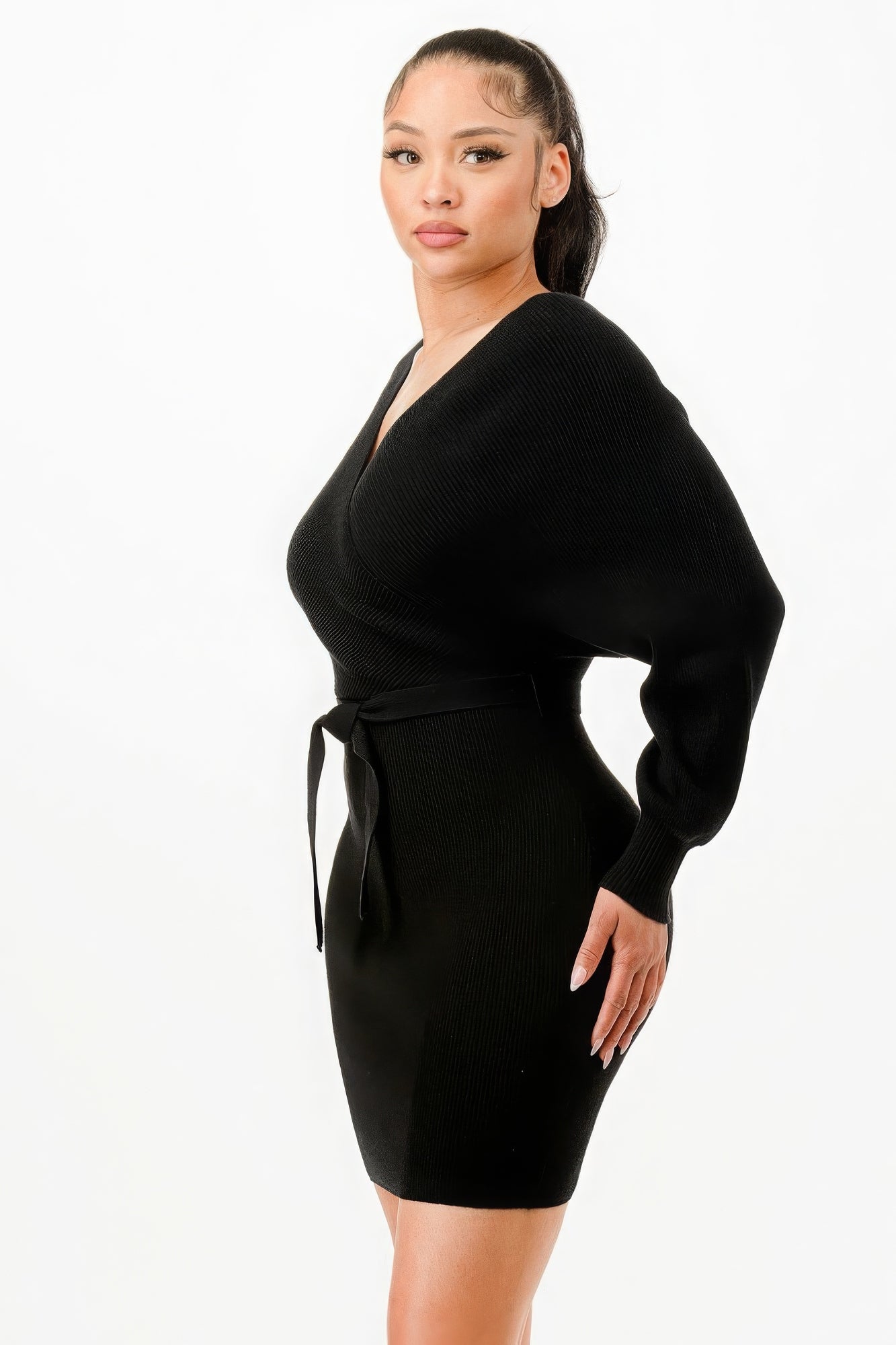 Off Shoulder Wrap Belted Ribbed Sweather Dress - Angel Body