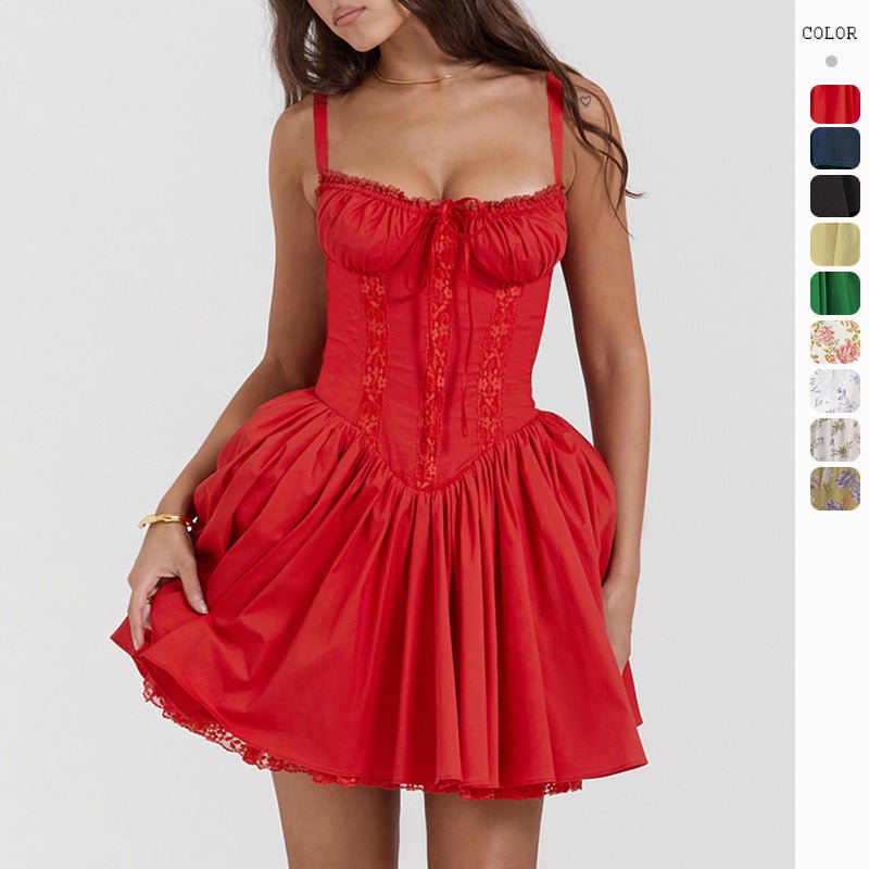 Sexy Lace Suspender Dress Summer Fashion Lace - up Slim Waist Pleated Short Dresses For Womens Clothing - Angel Body