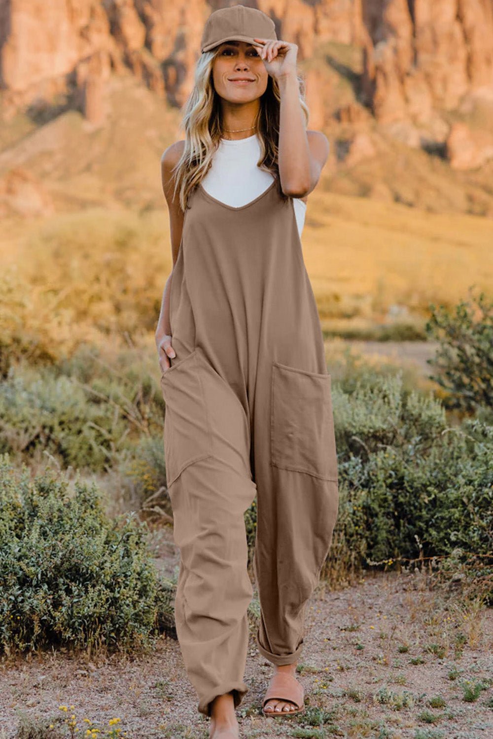 Double Take Full Size V - Neck Sleeveless Jumpsuit with Pockets - Angel Body