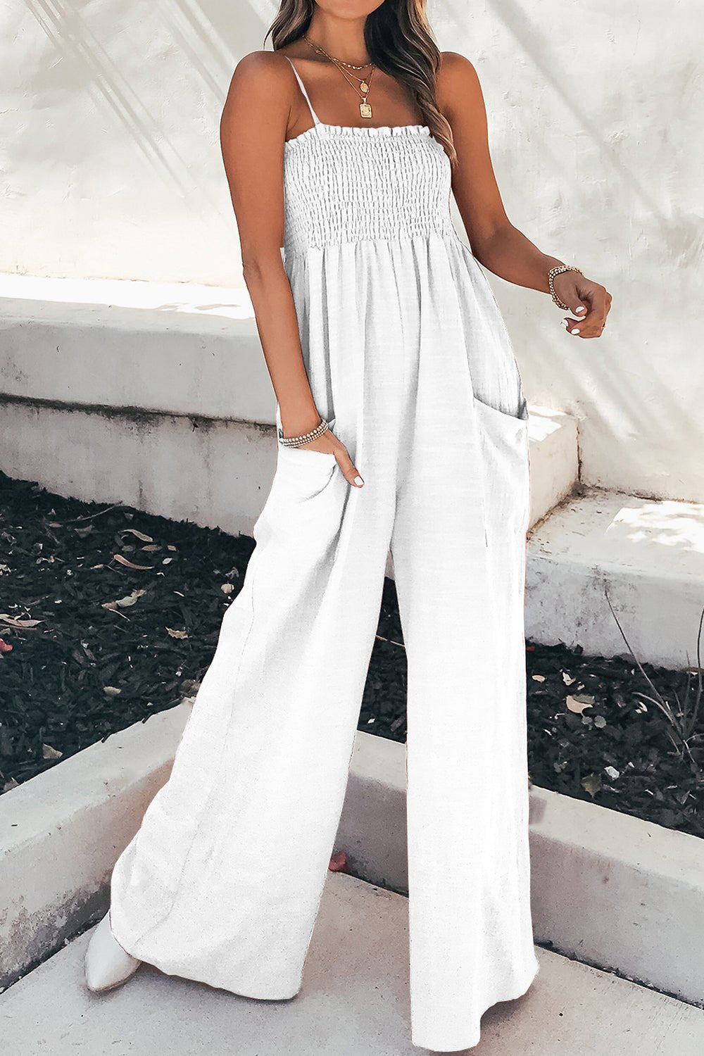 Smocked Spaghetti Strap Wide Leg Jumpsuit - Angel Body