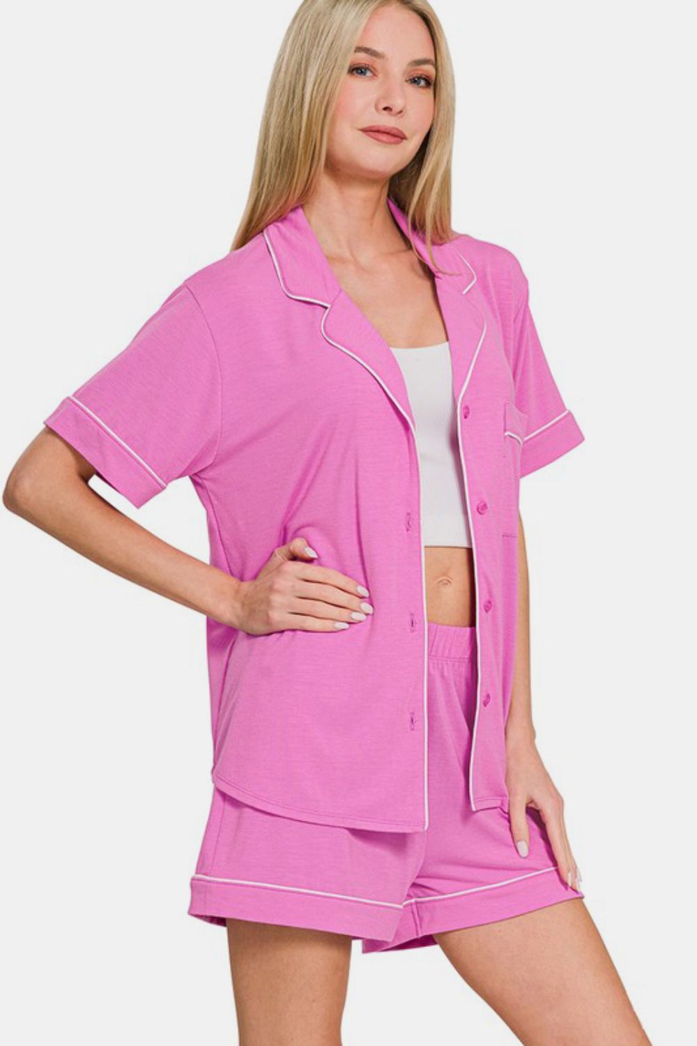 Zenana Button Down Short Sleeve Top and Shorts Lounge Set - Angel Body