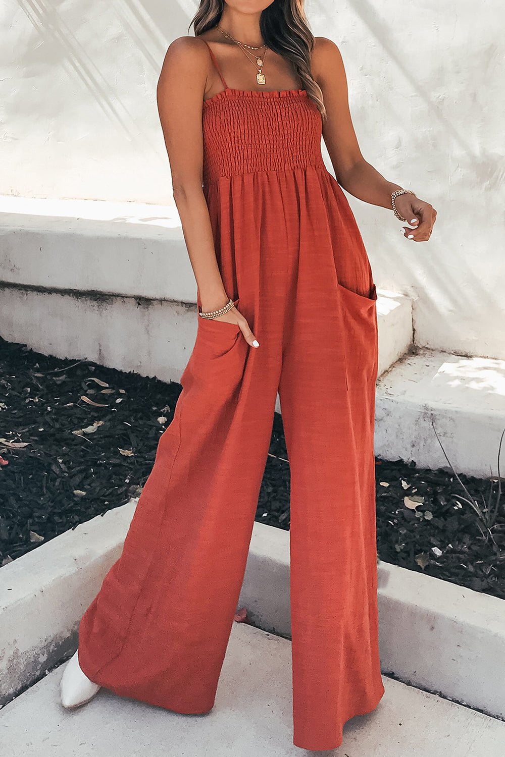 Smocked Spaghetti Strap Wide Leg Jumpsuit - Angel Body