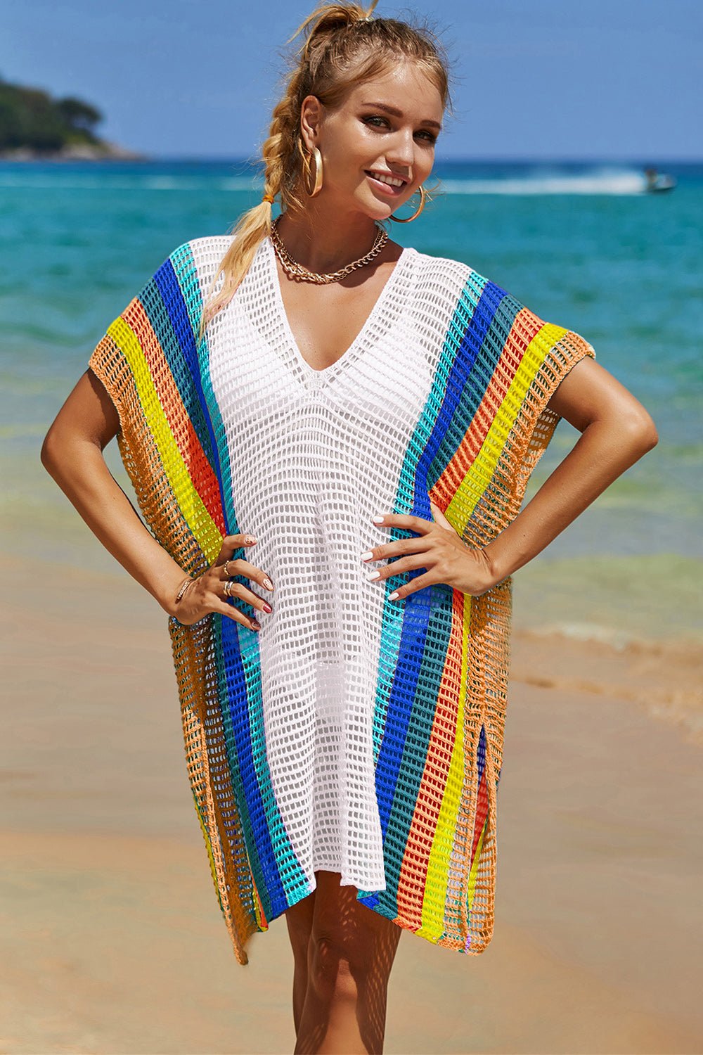 Double Take Openwork Striped Slit Knit Cover Up - Angel Body
