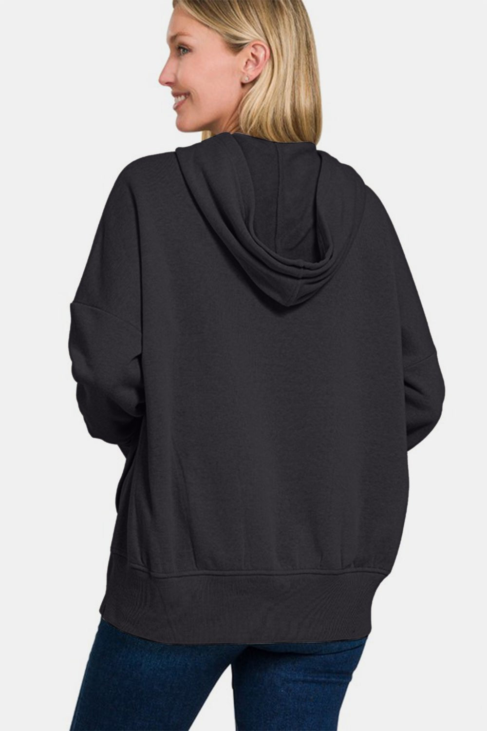 Zenana Half Snap Long Sleeve Hoodie with Kangaroo Pocket - Angel Body