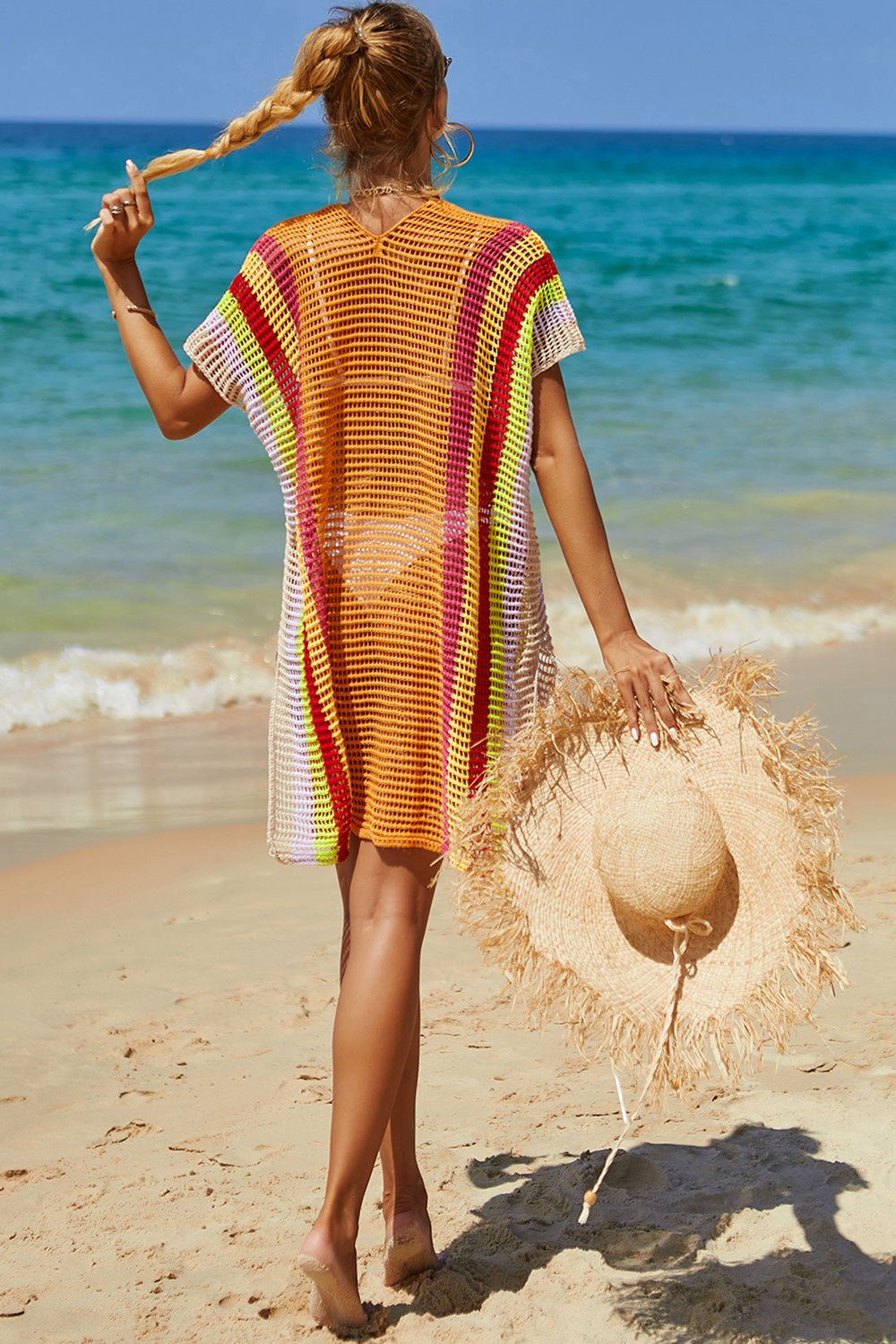 Double Take Openwork Striped Slit Knit Cover Up - Angel Body