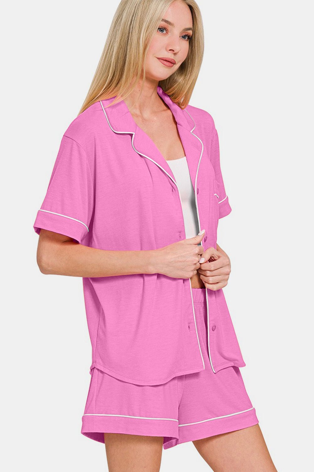Zenana Button Down Short Sleeve Top and Shorts Lounge Set - Angel Body