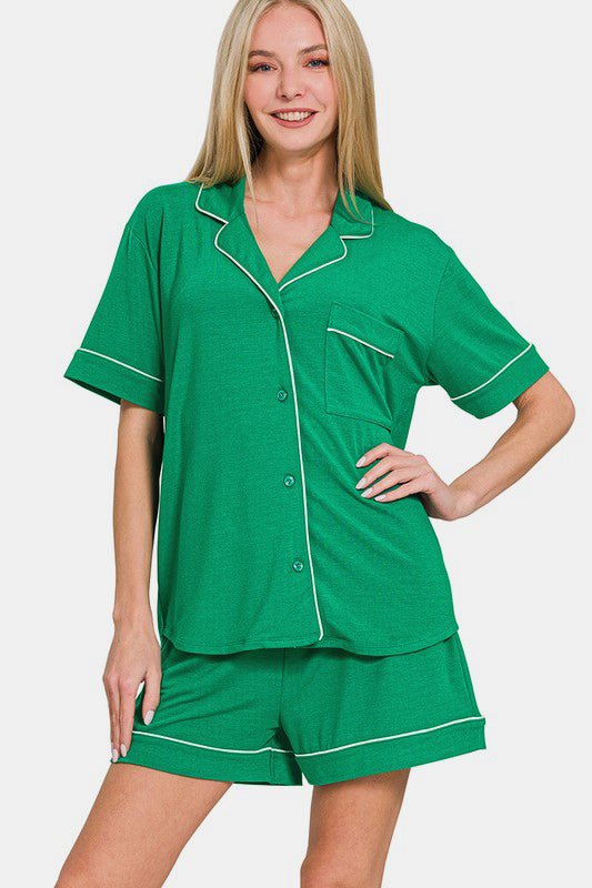 Zenana Button Down Short Sleeve Top and Shorts Lounge Set - Angel Body