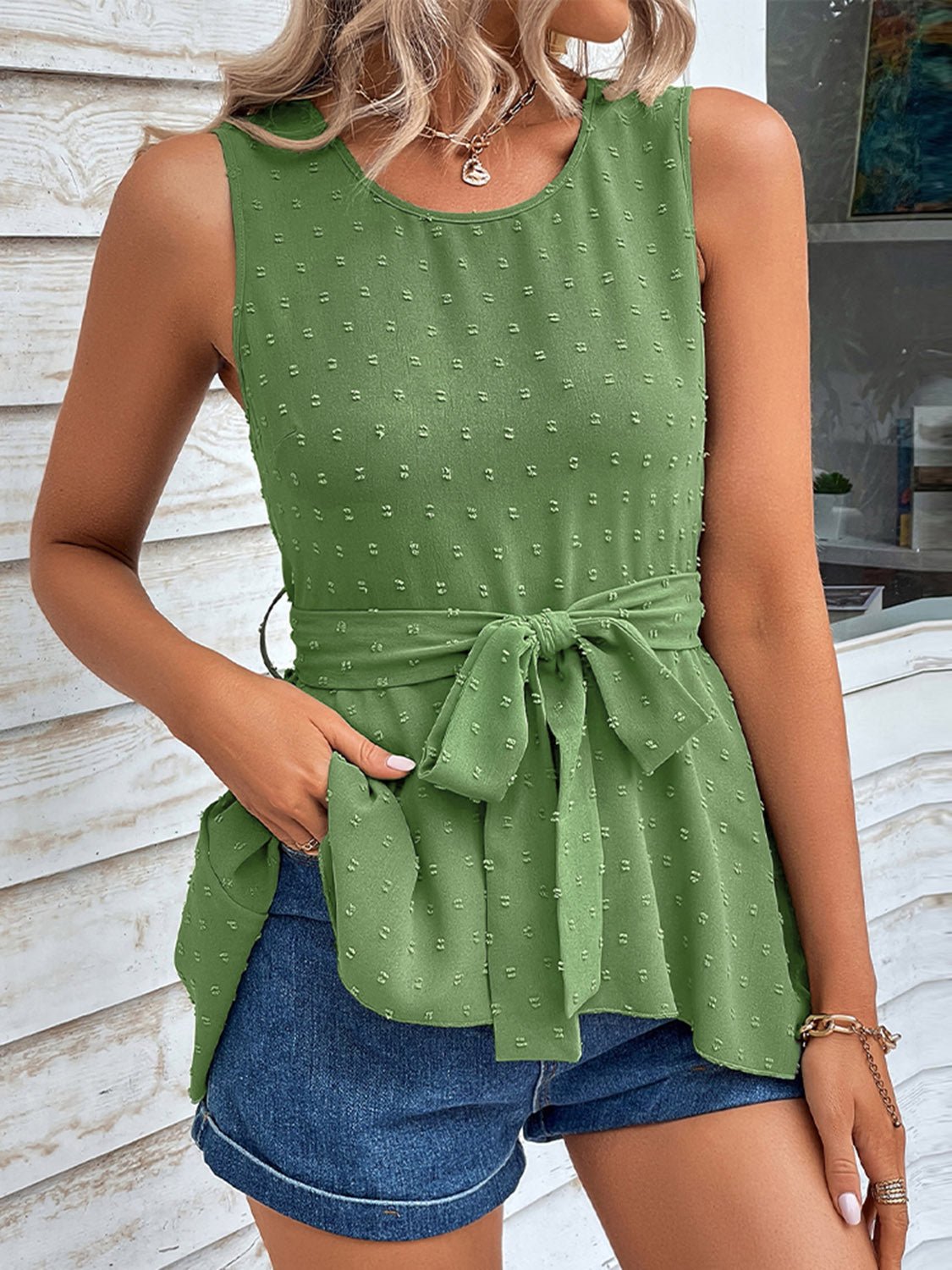 Swiss Dot Tie Waist Tank Top - Angel Body