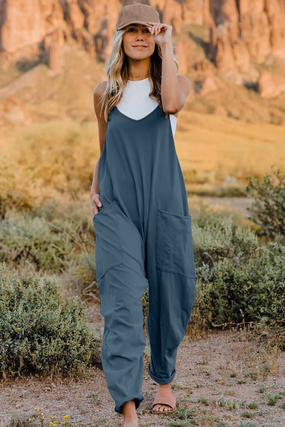 Double Take Full Size V - Neck Sleeveless Jumpsuit with Pockets - Angel Body