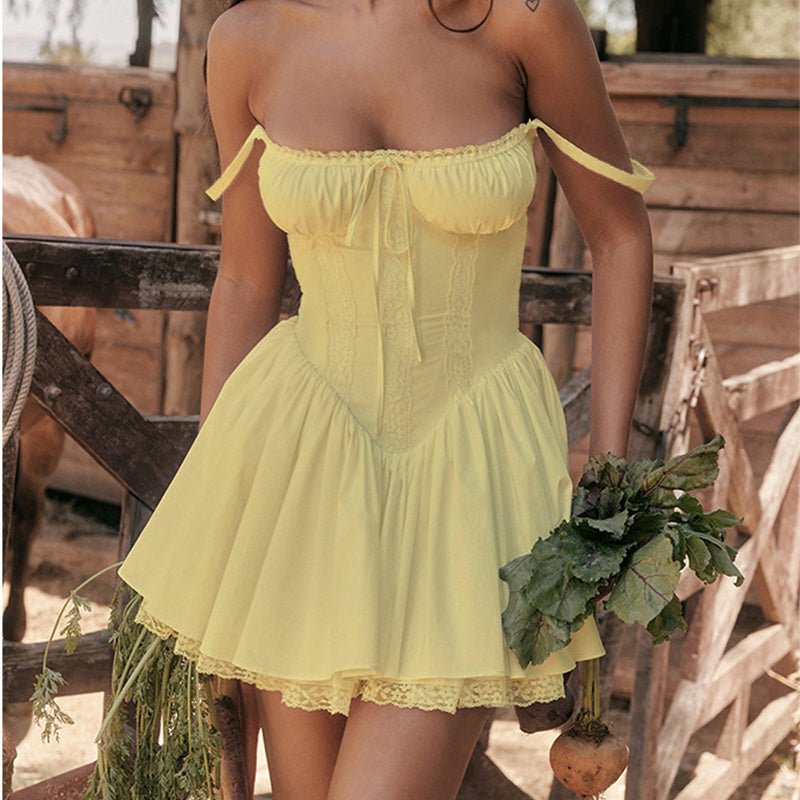 Sexy Lace Suspender Dress Summer Fashion Lace - up Slim Waist Pleated Short Dresses For Womens Clothing - Angel Body