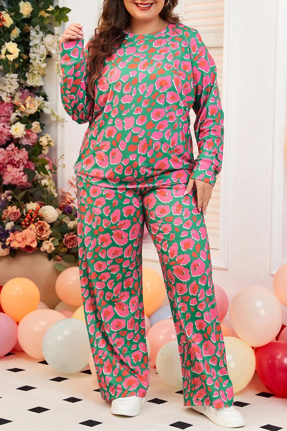 Plus Size Printed Round Neck Long Sleeve Top and Pants Set - Angel Body
