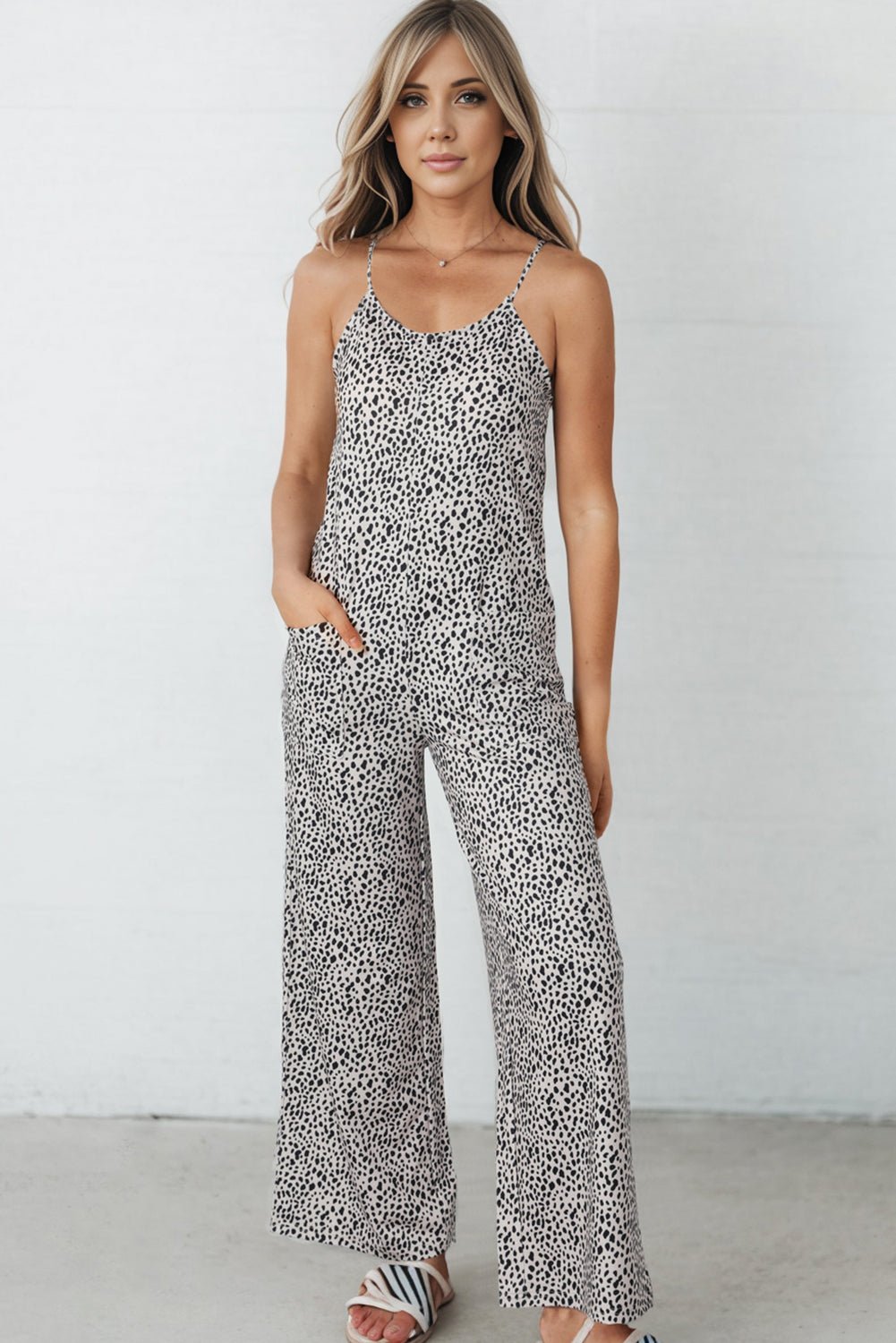 Printed Spaghetti Strap Jumpsuit with Pockets - Angel Body