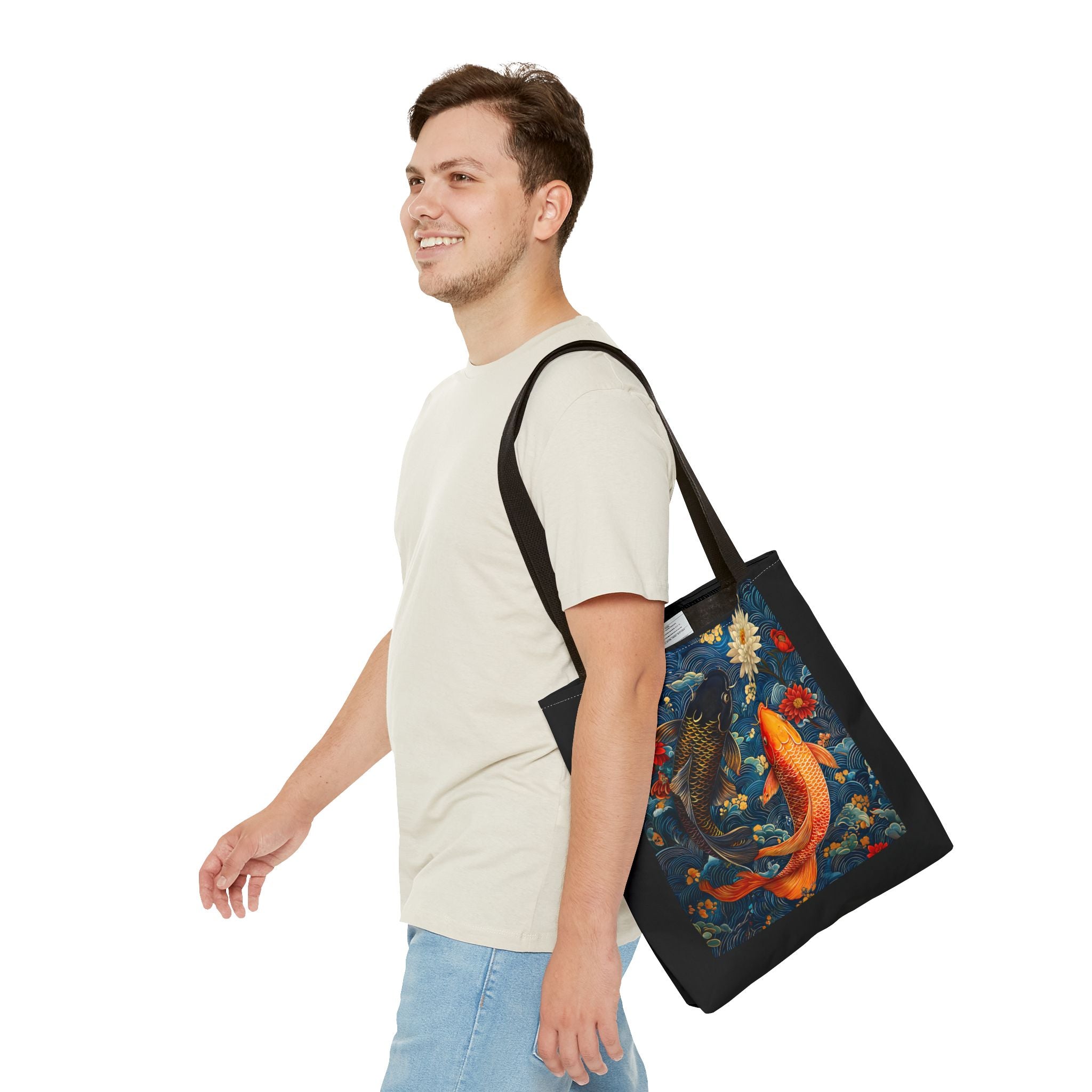 Elegant Koi Fish Tote Bag - Bright Blue Floral Design