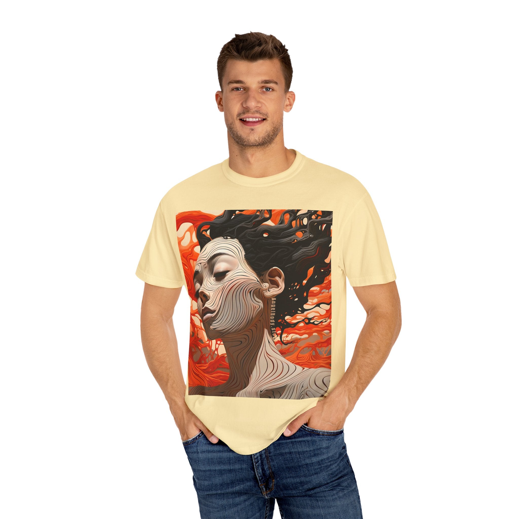 Artistic Unisex Garment-Dyed T-Shirt with Abstract female face Profile Design