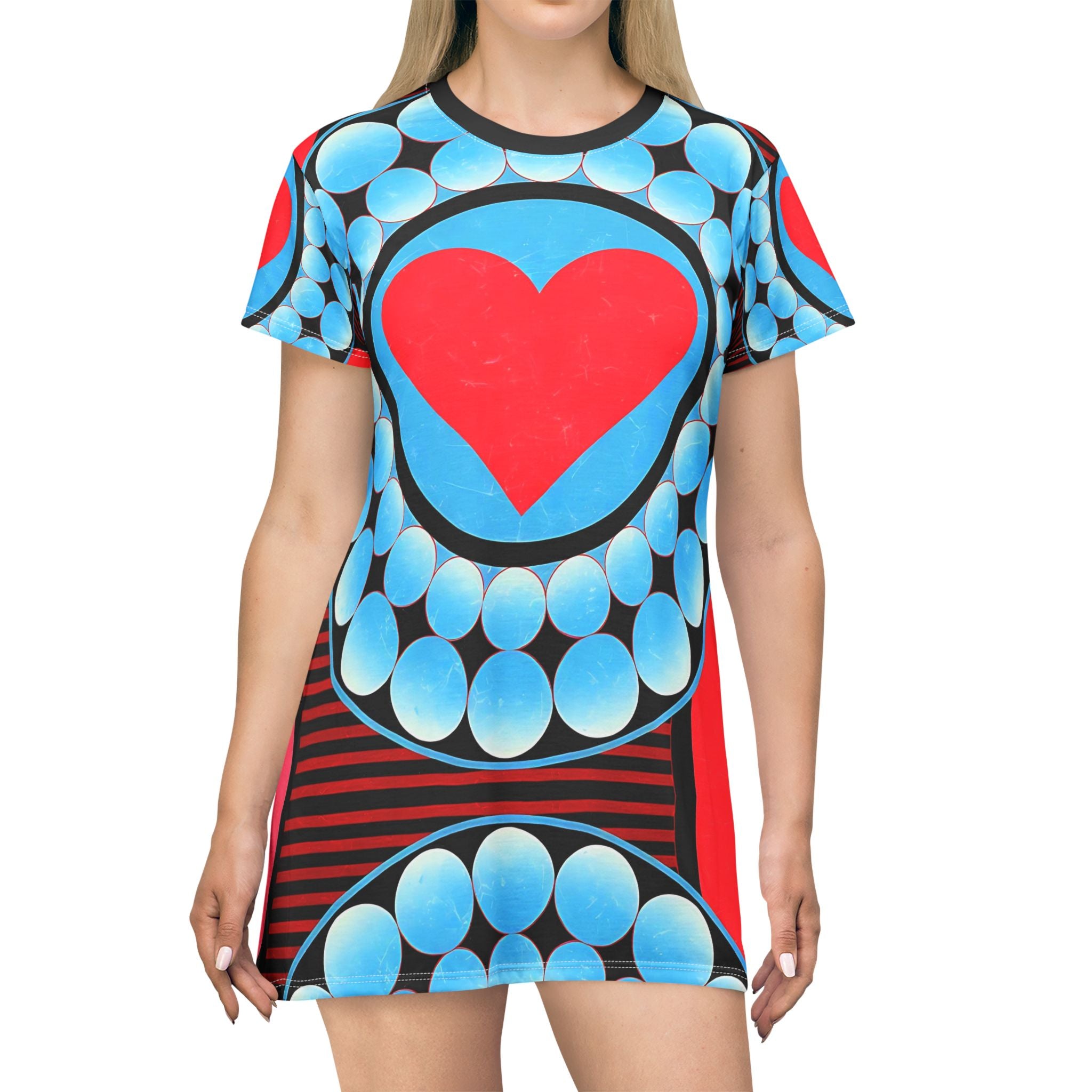 Vibrant Heart Print T-Shirt Dress for Casual Everyday Style