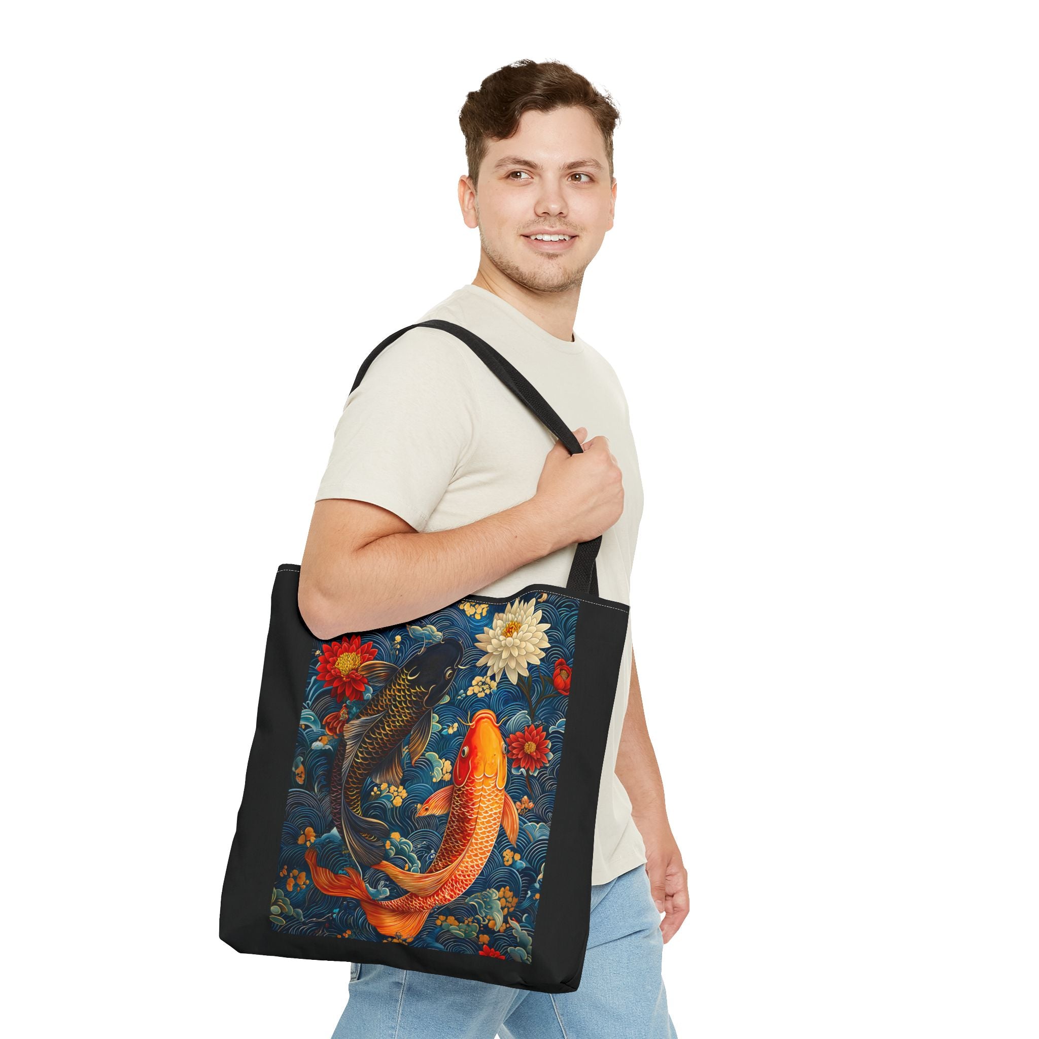 Elegant Koi Fish Tote Bag - Bright Blue Floral Design