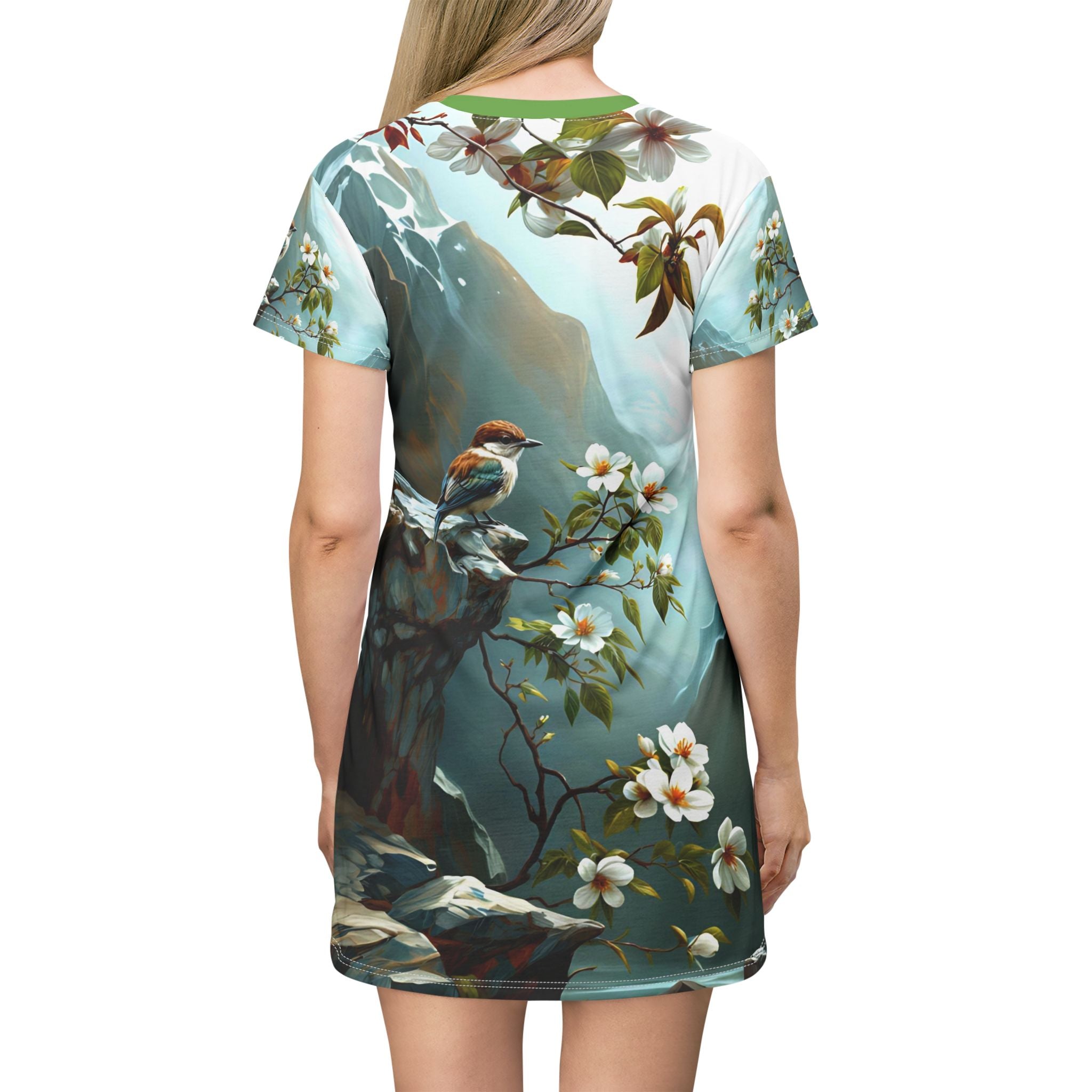 Woman's Nature-Inspired T-Shirt Dress with Floral and Bird Design