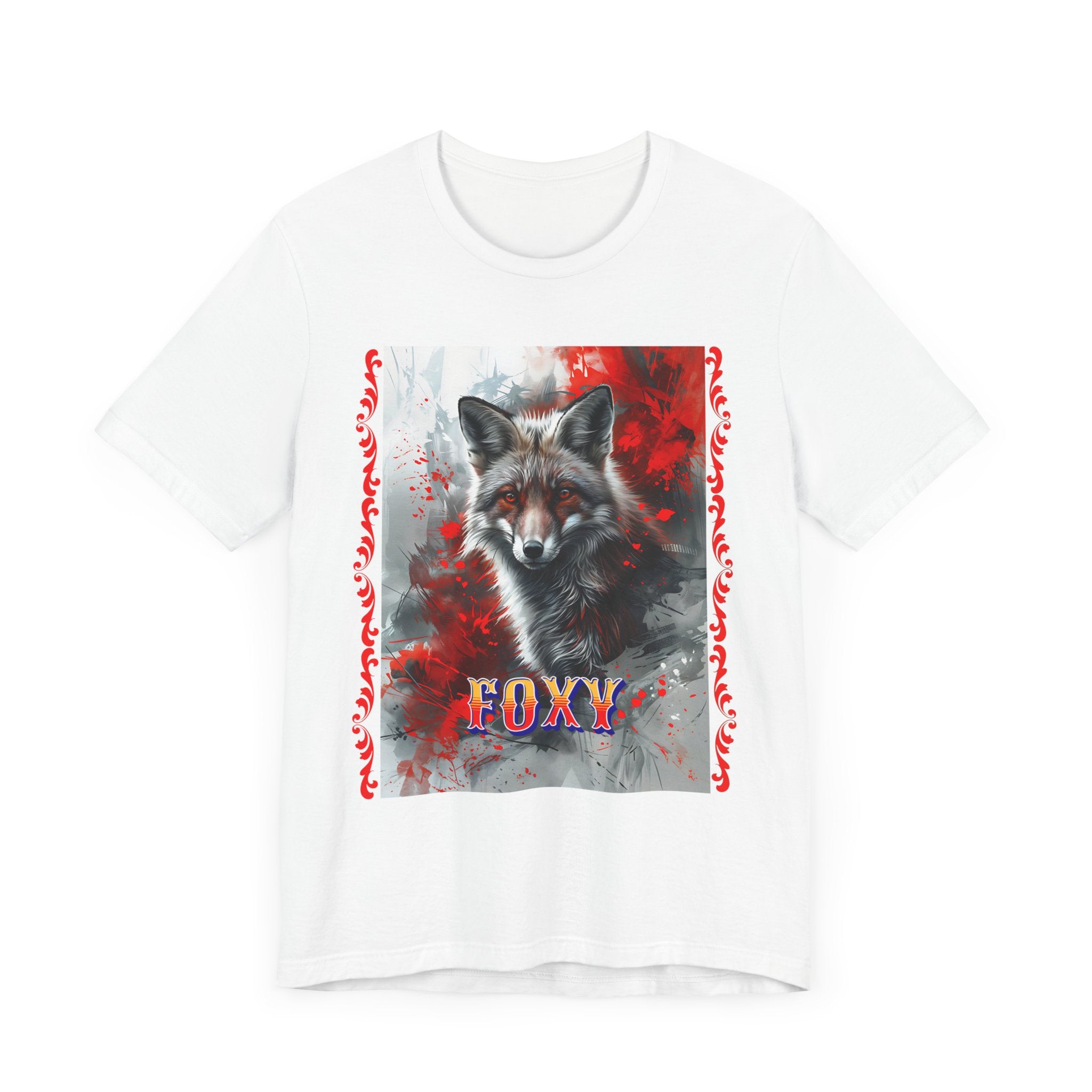 Unisex Jersey Short Sleeve Tee: A lovely painting design of a Red Fox with the word FOXY