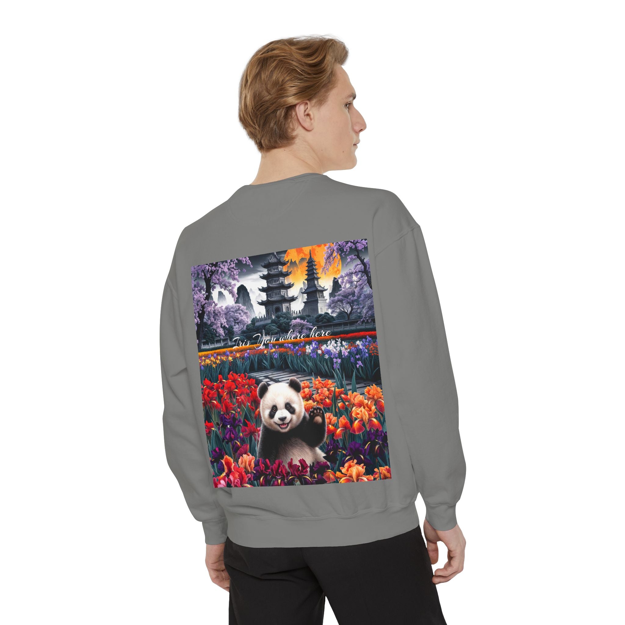 Whimsical Panda Sweatshirt - Cozy Unisex Garment-Dyed Pullover with Floral Design