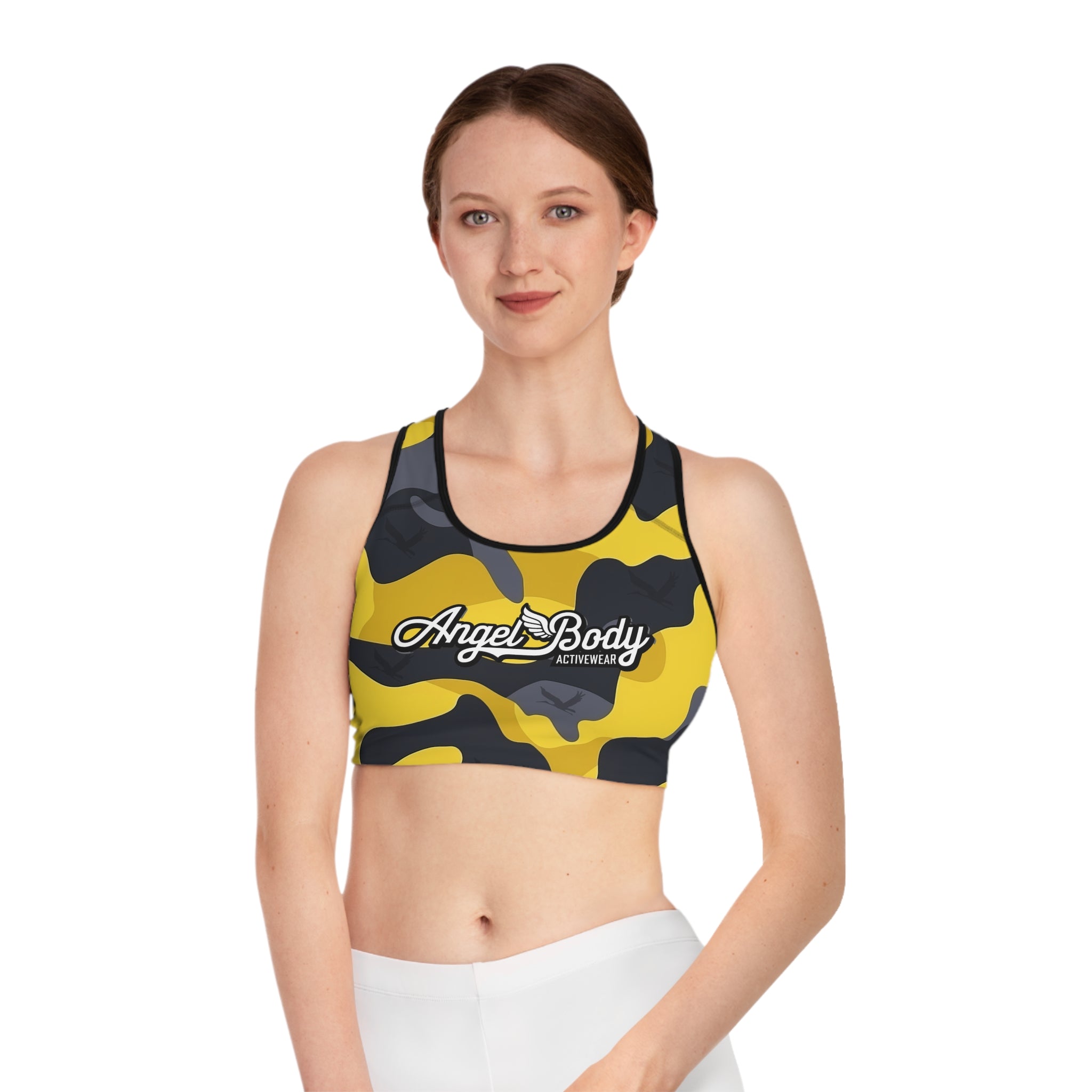 Angel Body Camo Sports Bra - Yellow and Gray Activewear for Workouts