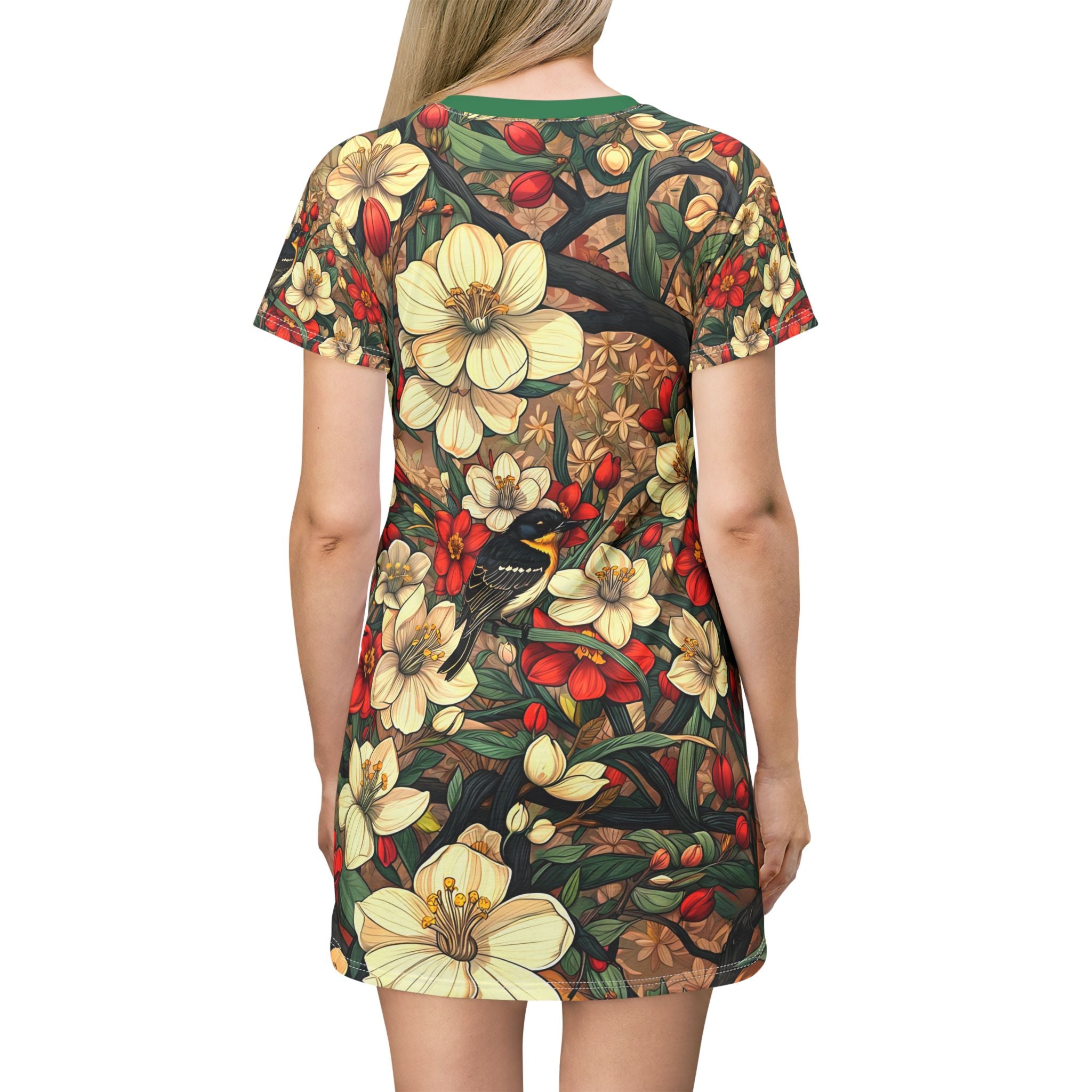 Boho Floral T-Shirt Dress with Bird Design