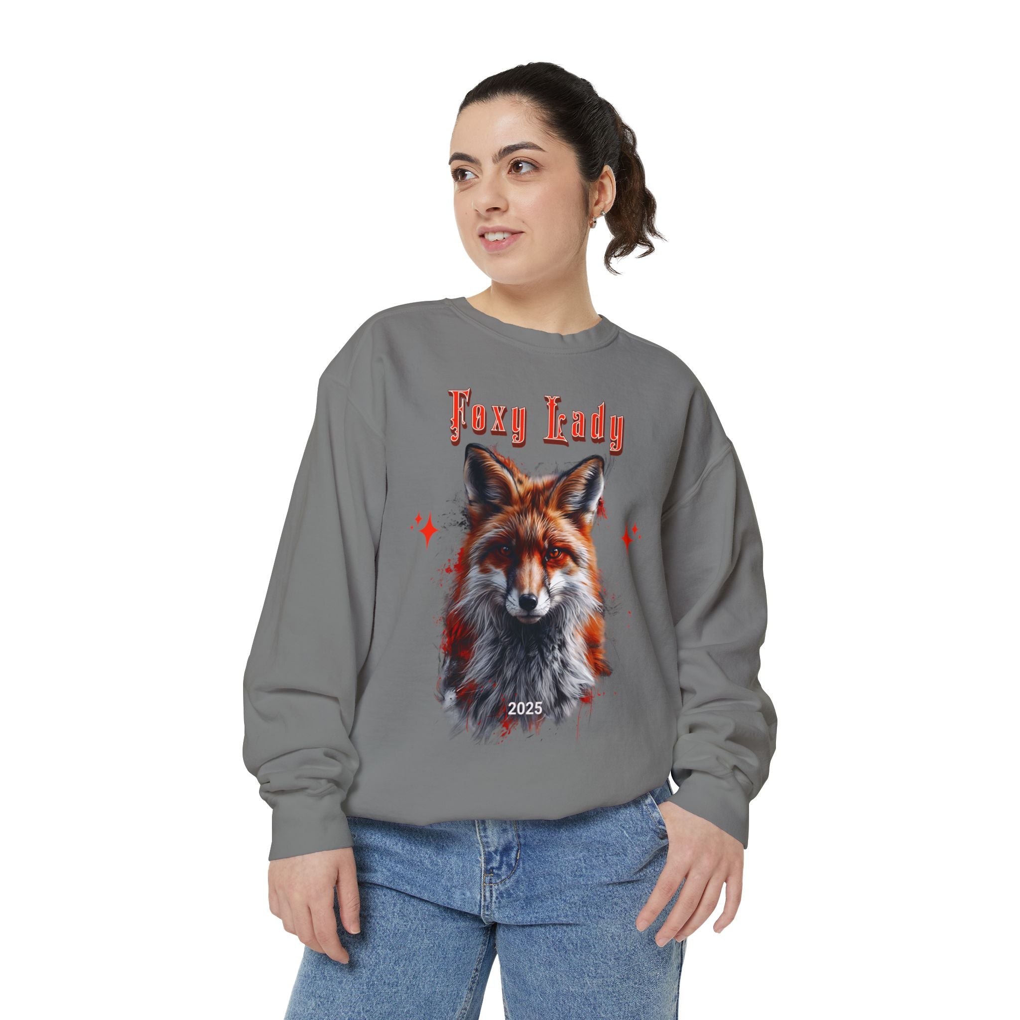 Unisex Garment - Dyed Sweatshirt: Wildlife Red Fox - with the words Foxy Lady - Angel Body